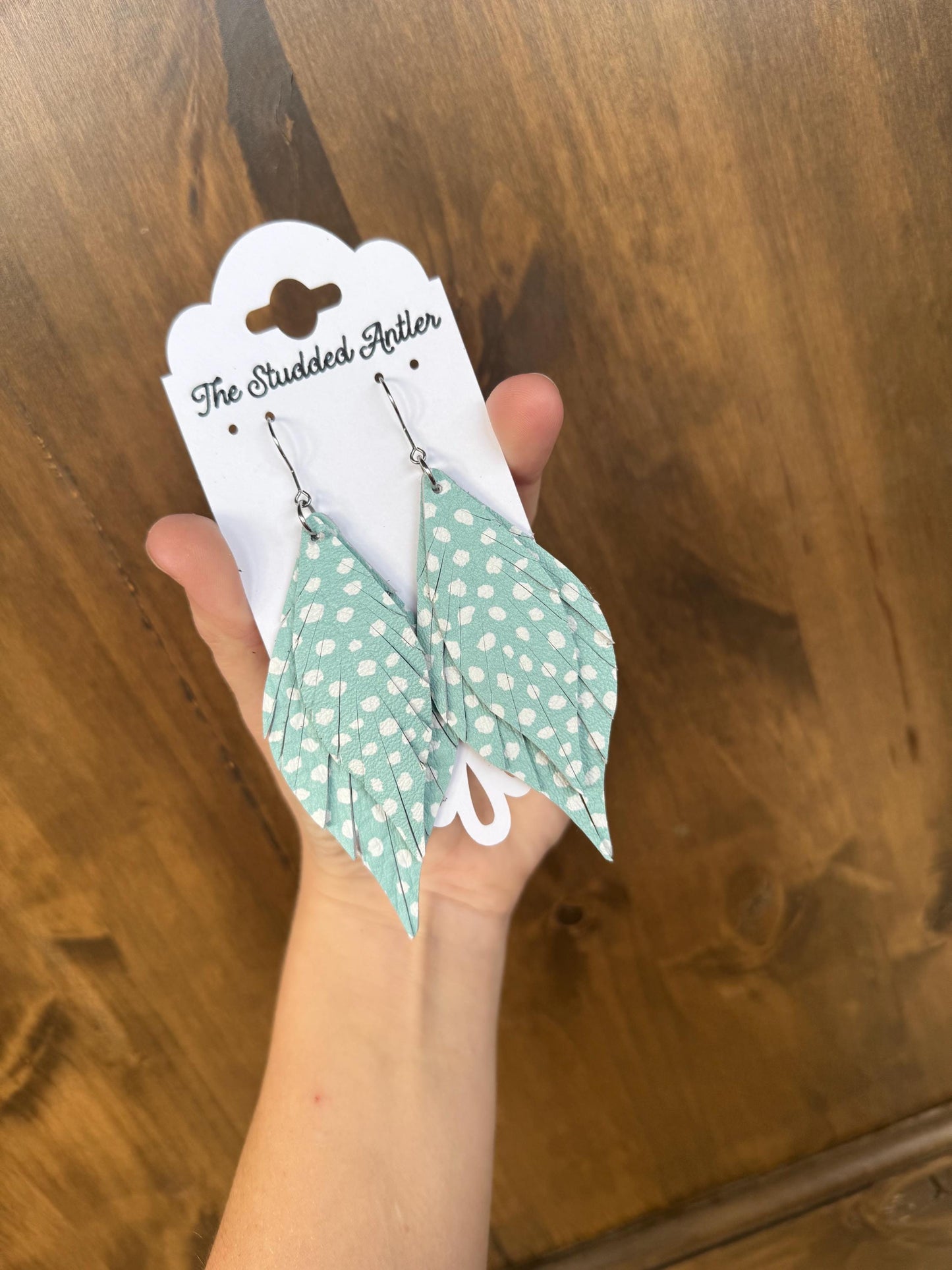 Fringe Feather Genuine Leather Earrings - Mint Blue and White