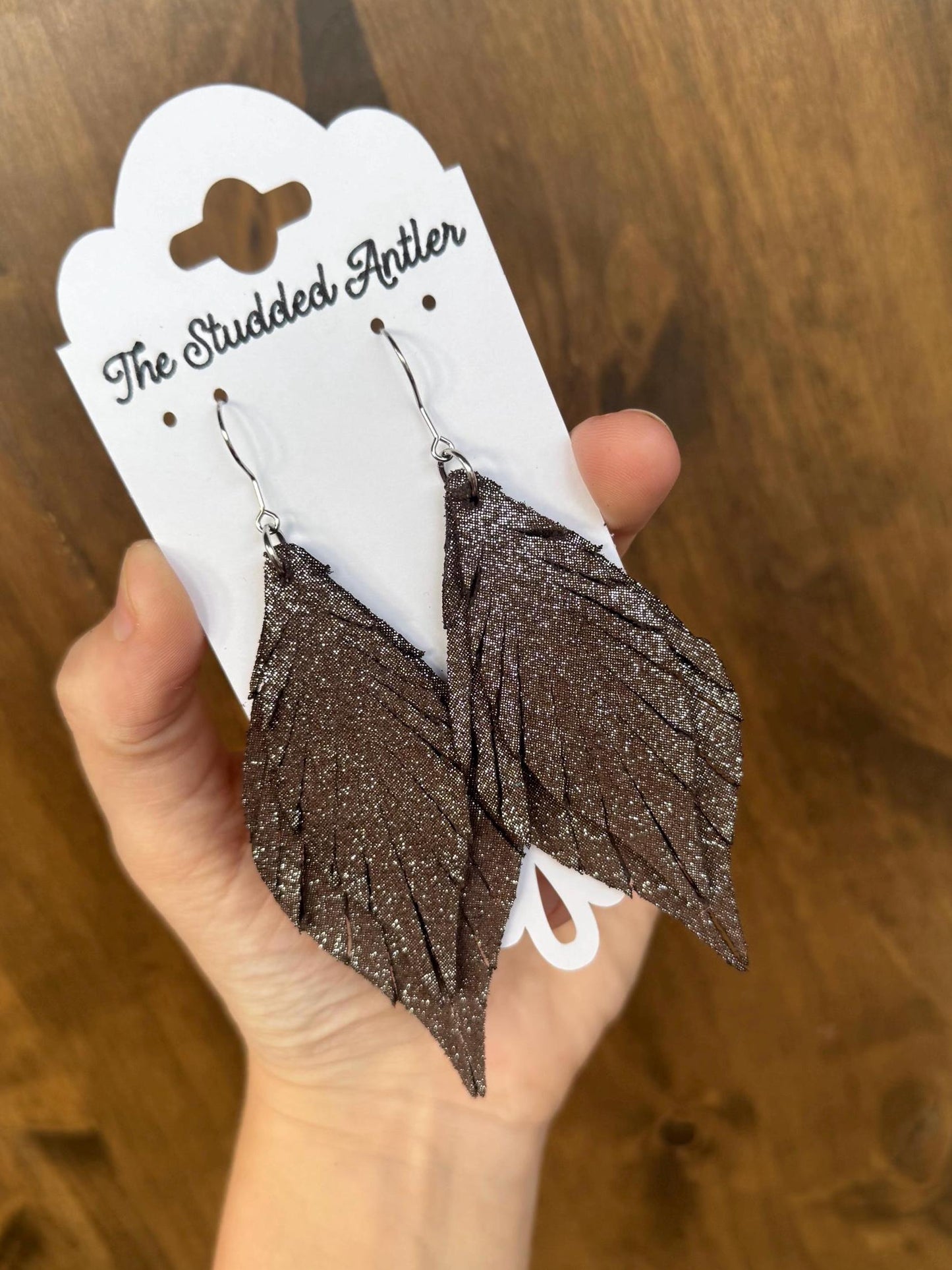Dark brown leather earrings, silver leather earrings, teardrop leather earrings, fringe feather leather earrings, western leather earrings