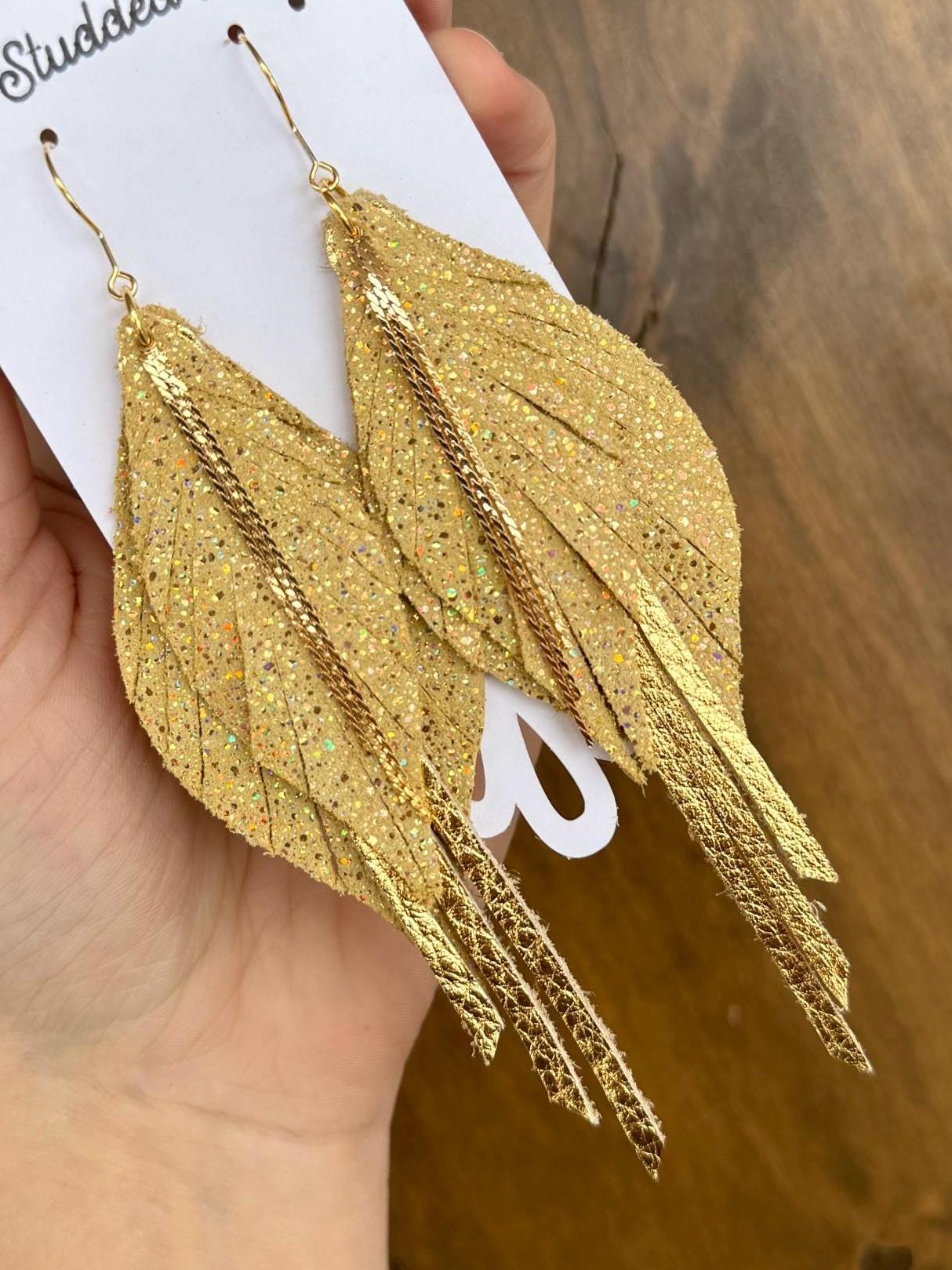 Fringe Feather Genuine Leather Earrings - Yellow and Gold Sparkle