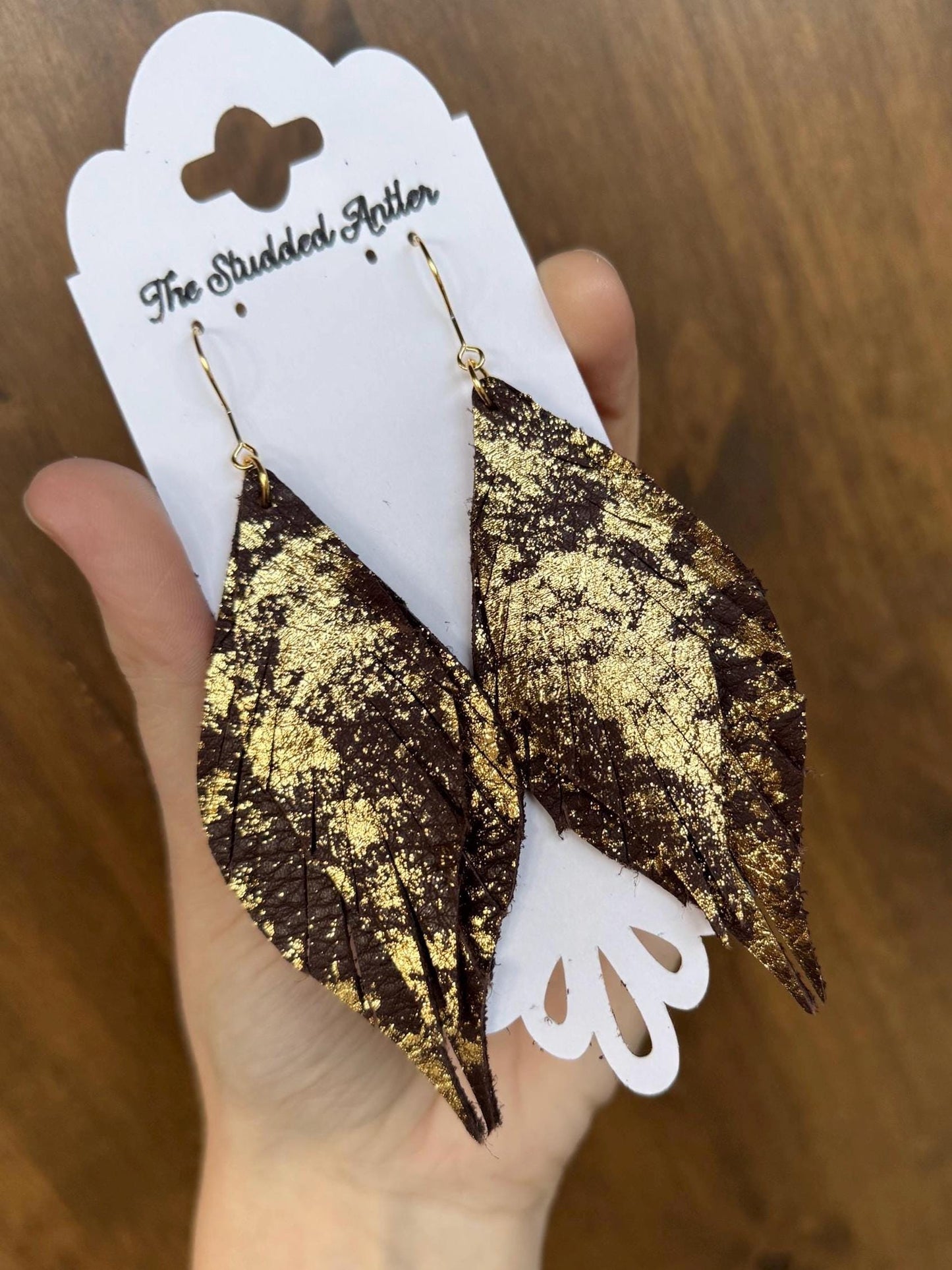 Fringe Feather Genuine Leather Earrings - Brown and Gold