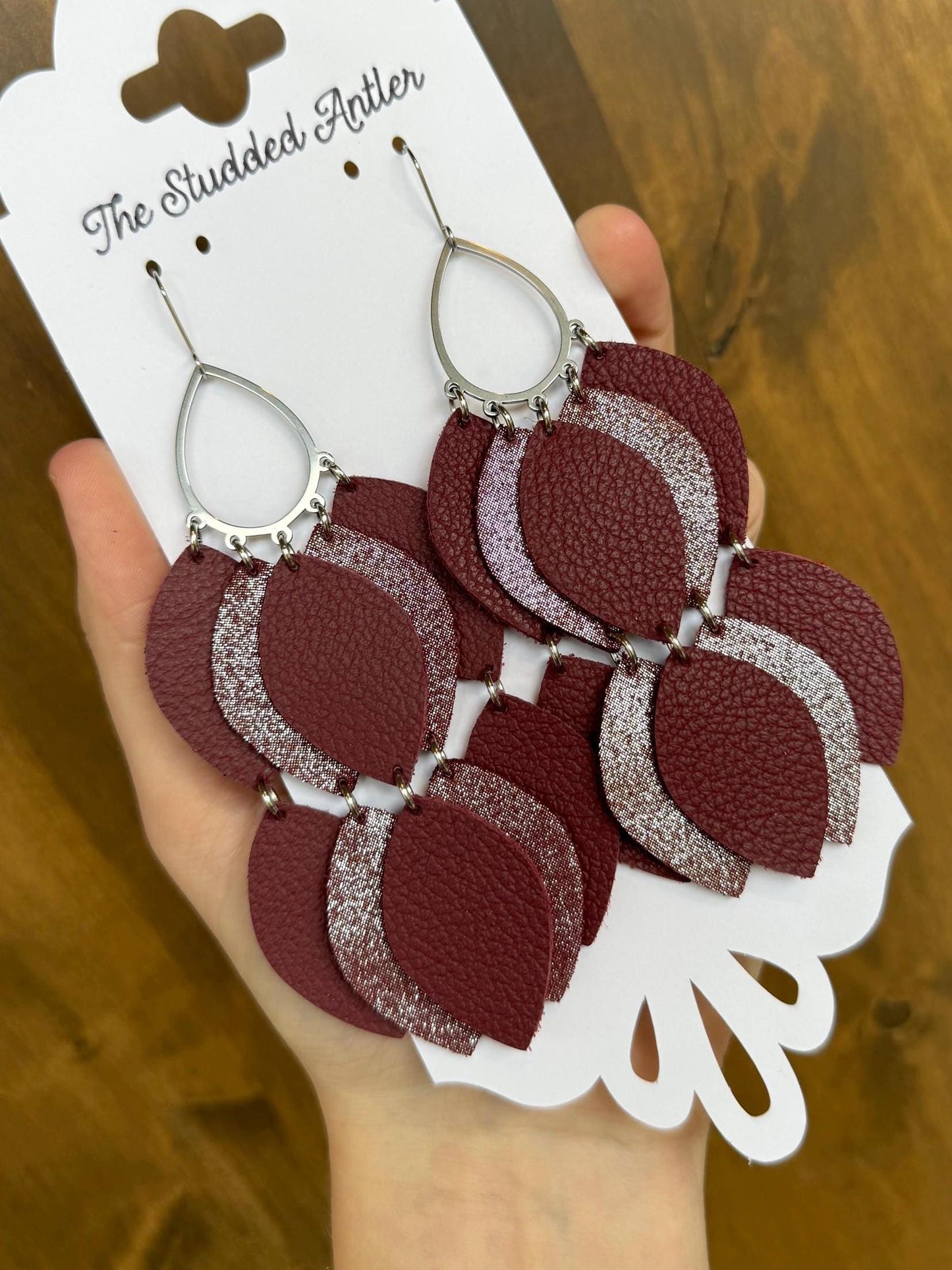 Boho style leather earrings - Teardrop Hoop Leather Earrings - Red Burgundy Shimmer