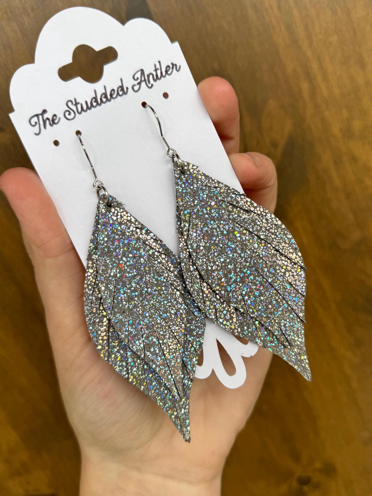 Fringe Feather Genuine Leather Earrings - Gray Sparkle