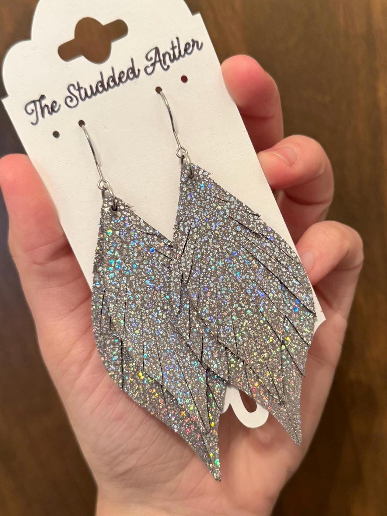 Fringe Feather Genuine Leather Earrings - Gray Sparkle