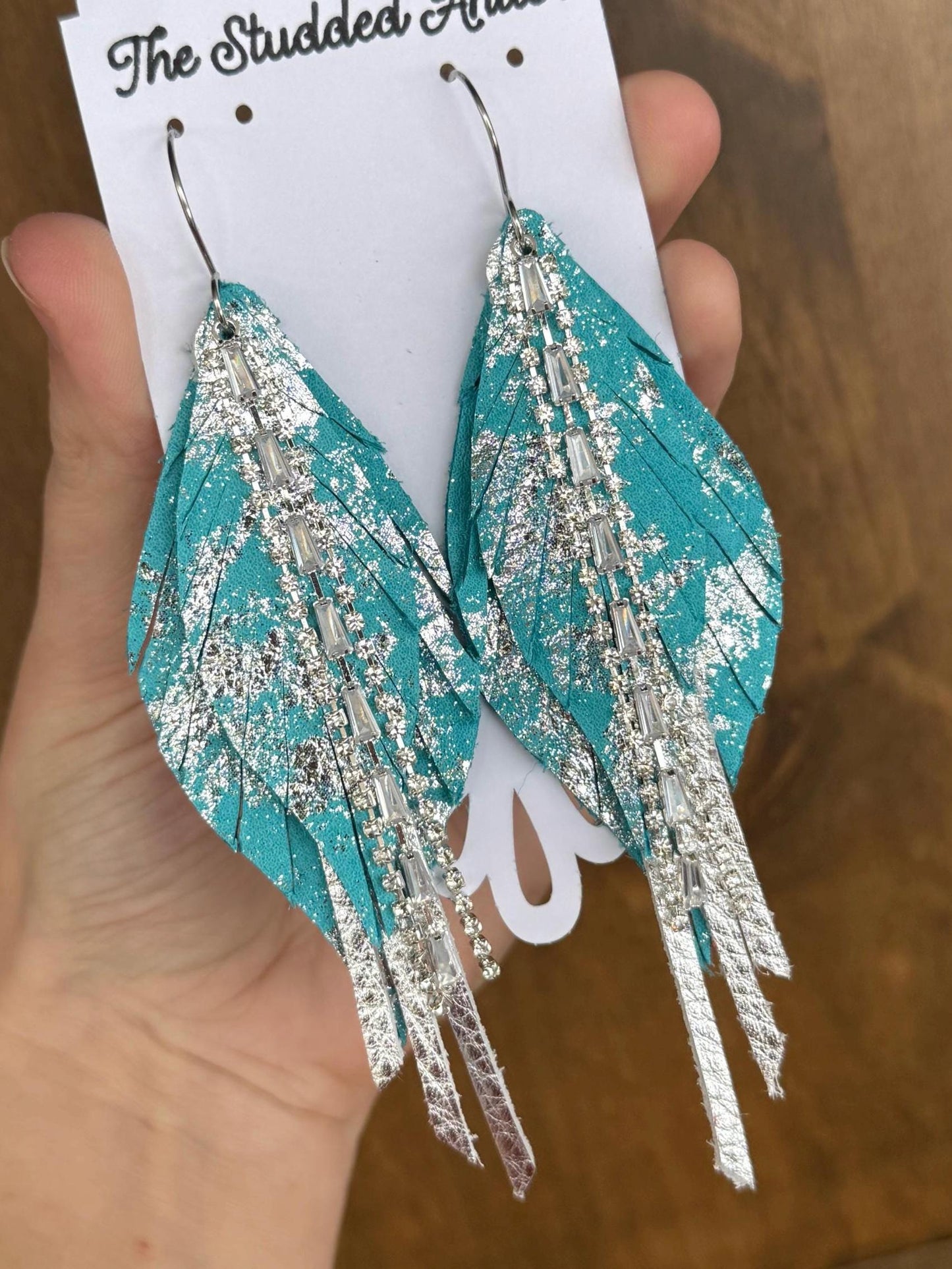 handmade leather earrings hypoallergenic blue and silver with rhinestone tassels