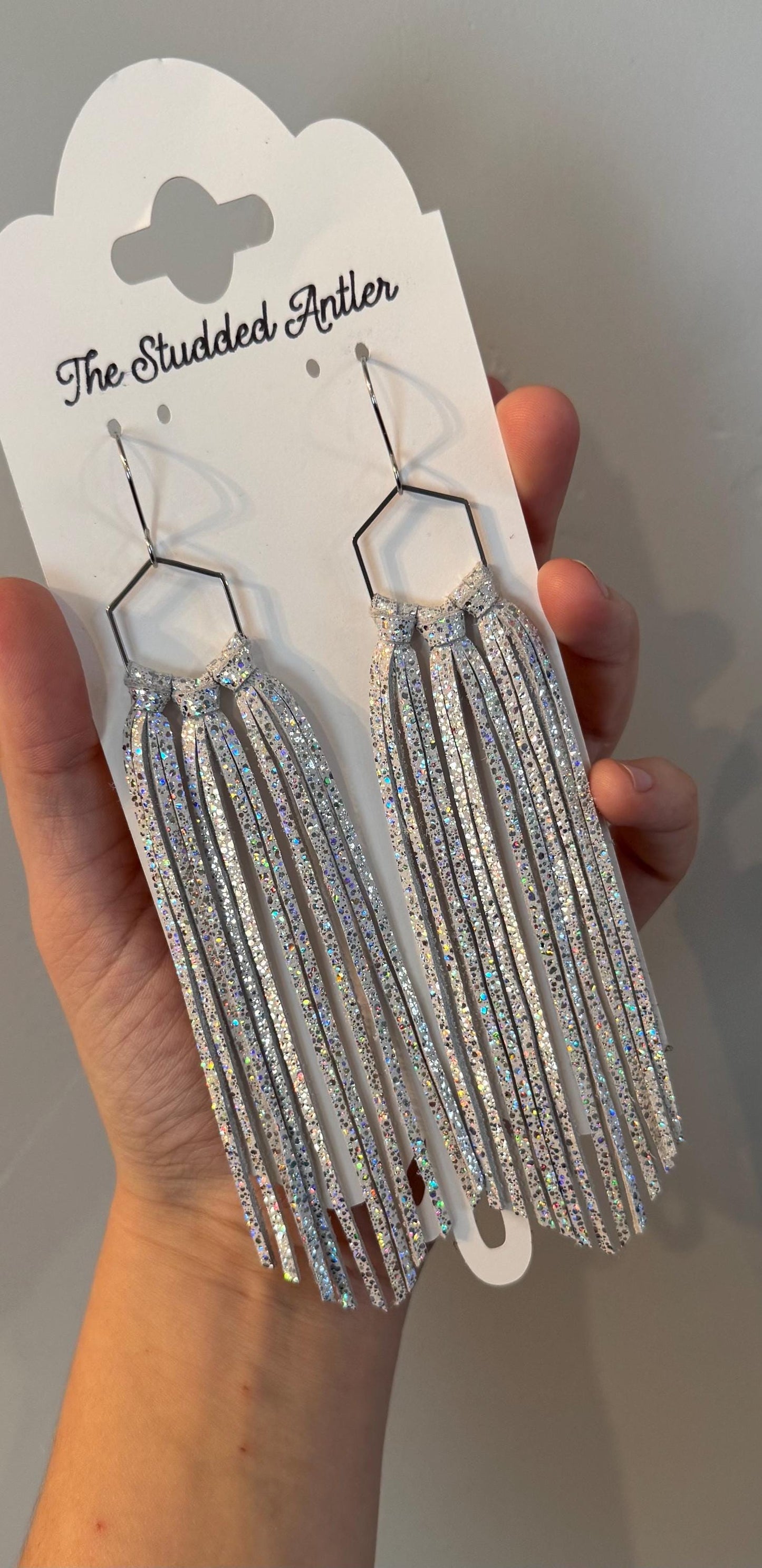 Fringe Hoop Genuine Leather Earrings - White Sparkle