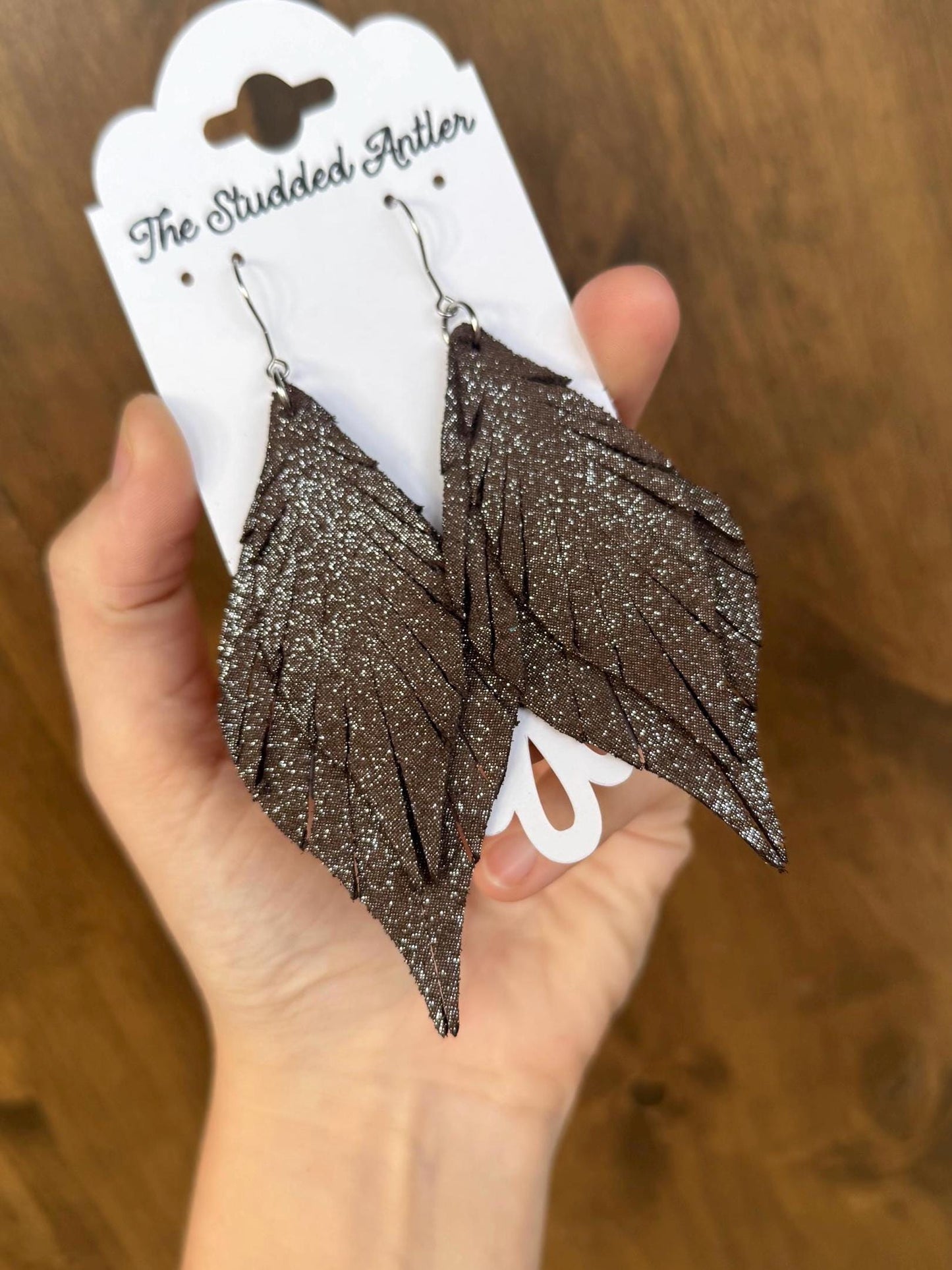 Dark brown leather earrings, silver leather earrings, teardrop leather earrings, fringe feather leather earrings, western leather earrings