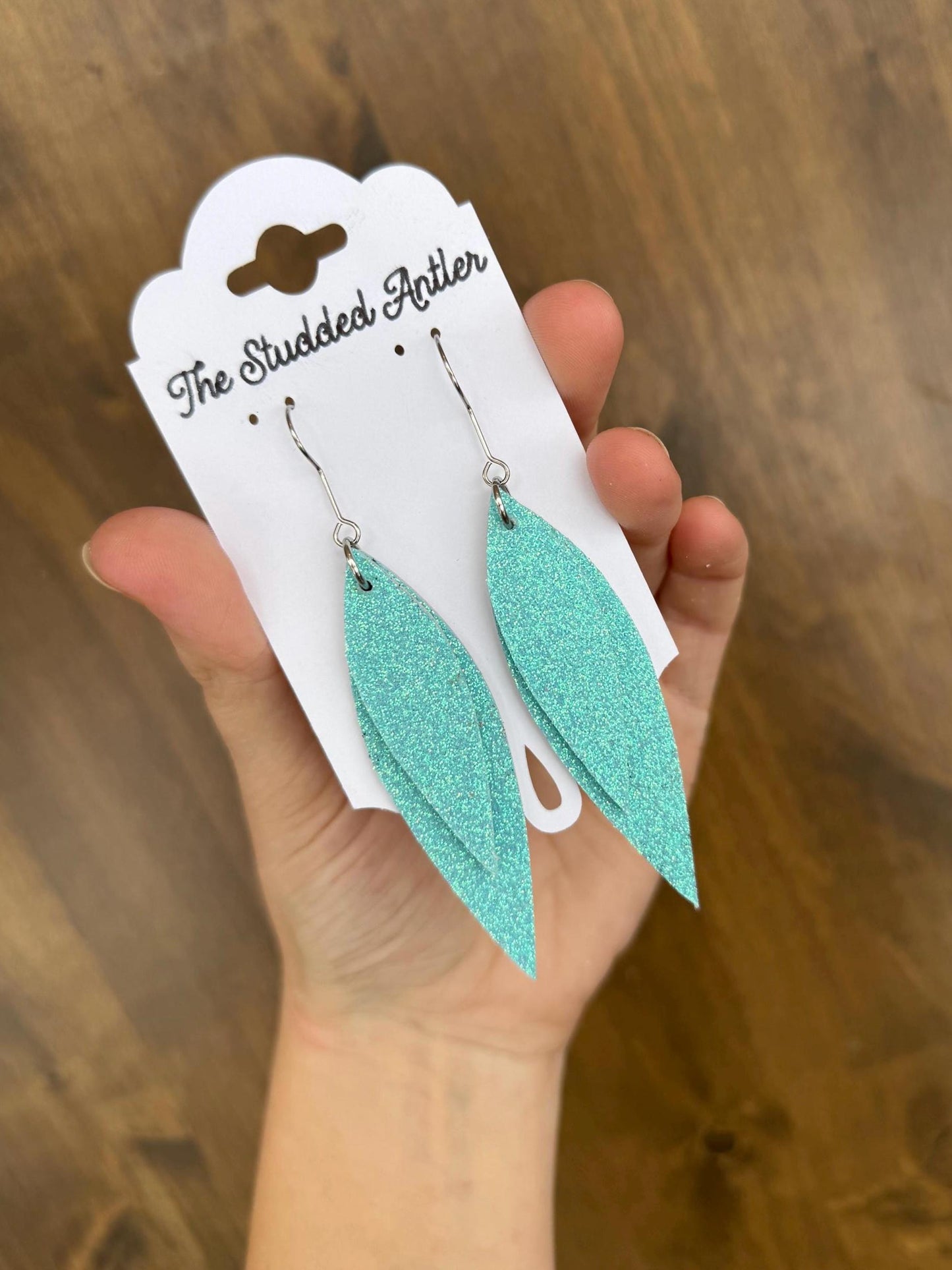 Teardrop Genuine Leather Earrings - Aqua Blue Glitter