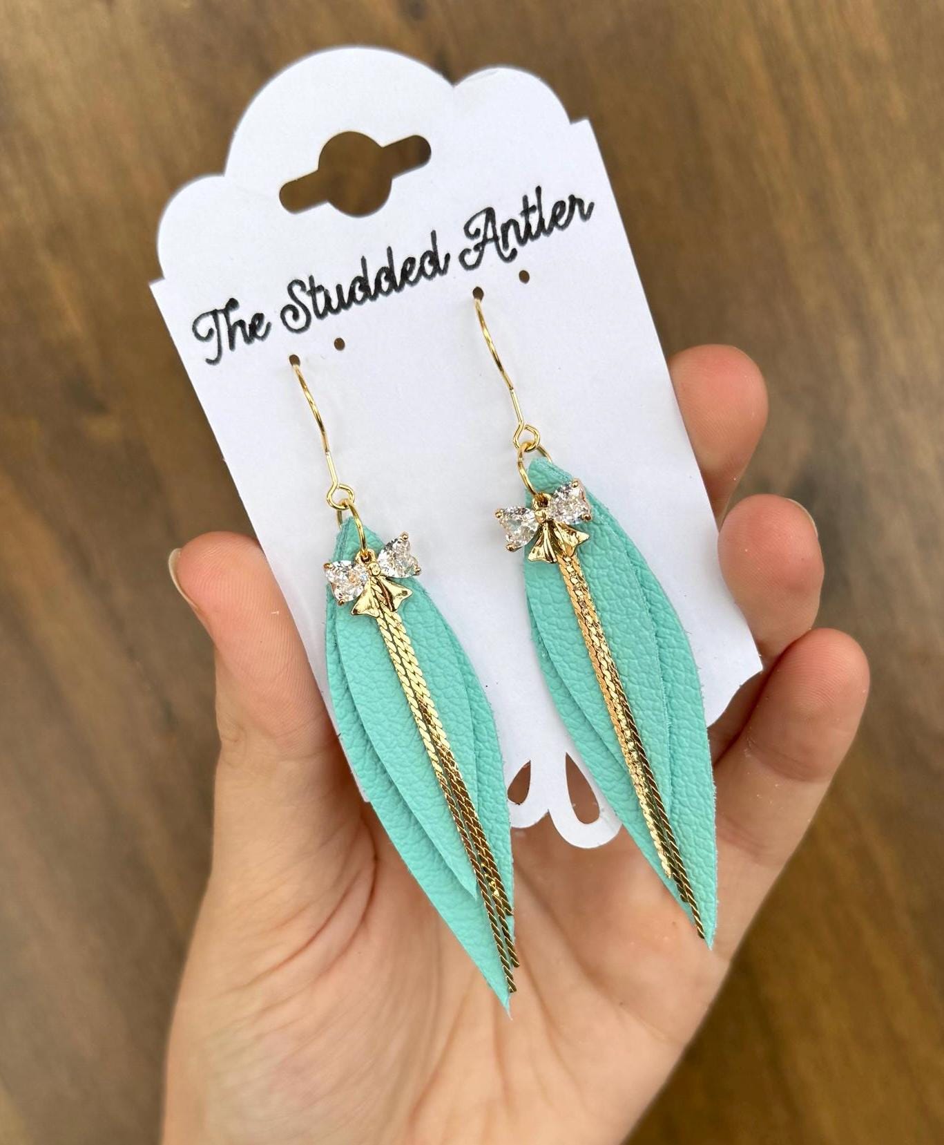 Teardrop Genuine Leather Earrings - Aqua Blue and Gold