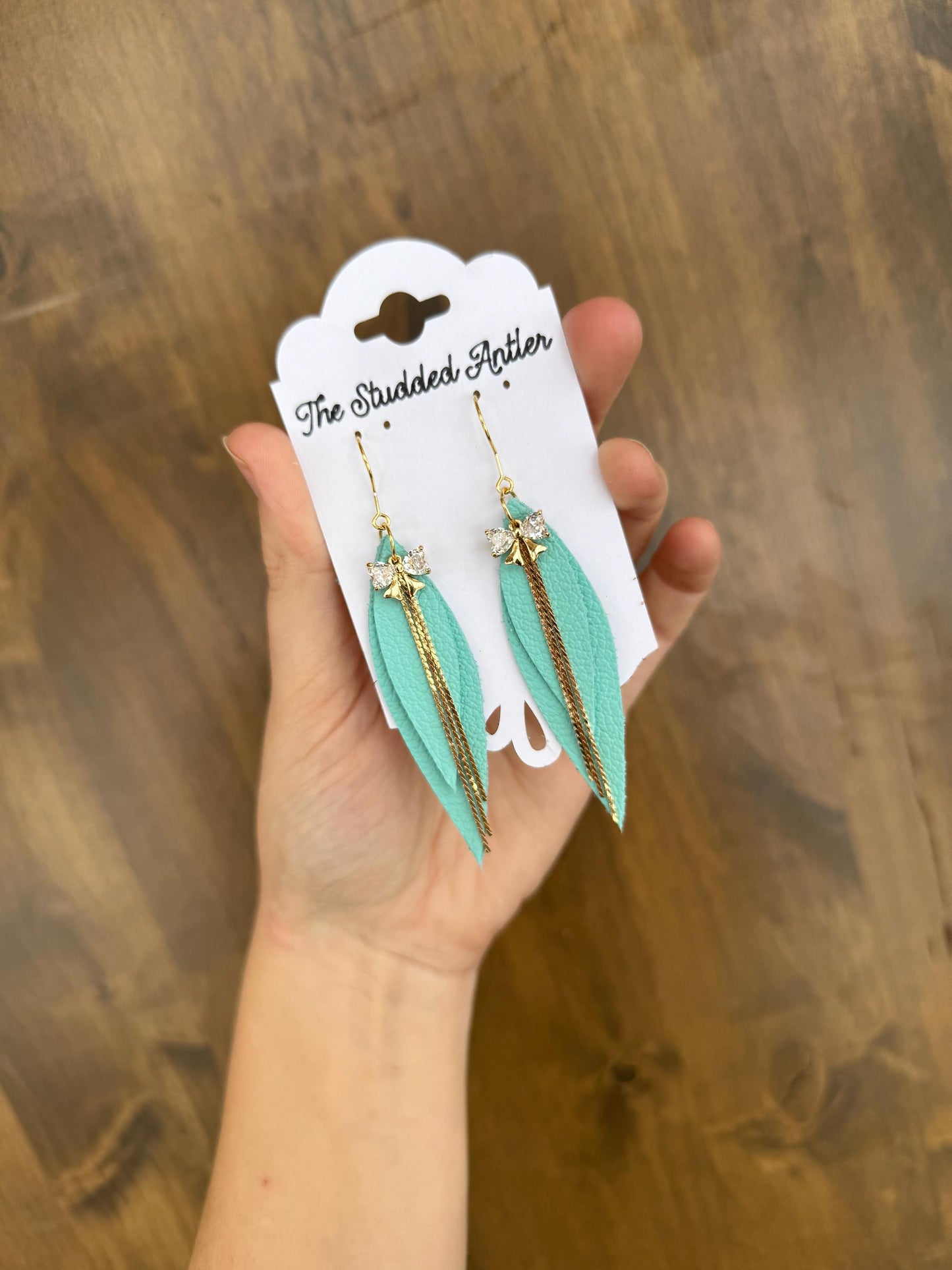 Teardrop Genuine Leather Earrings - Aqua Blue and Gold