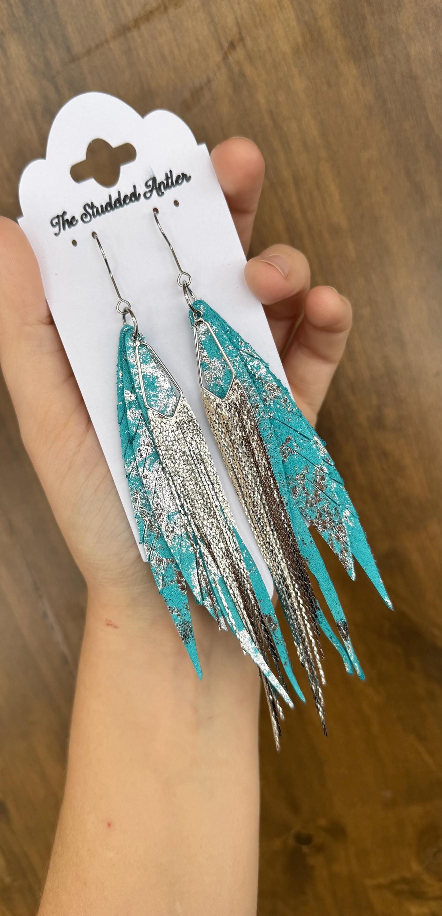 Fringe Feather Genuine Leather Earrings - Blue and Silver Metallic