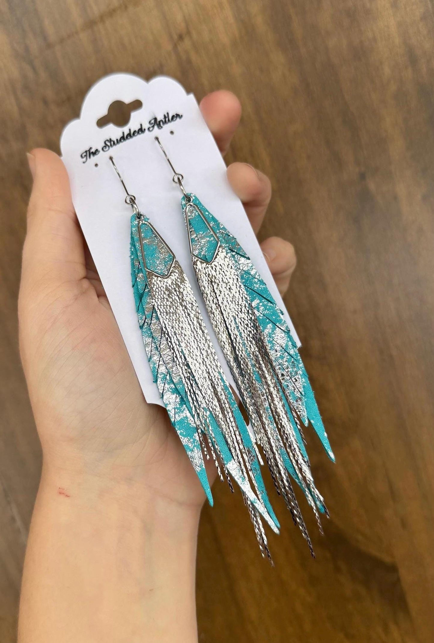 Fringe Feather Genuine Leather Earrings - Blue and Silver Metallic
