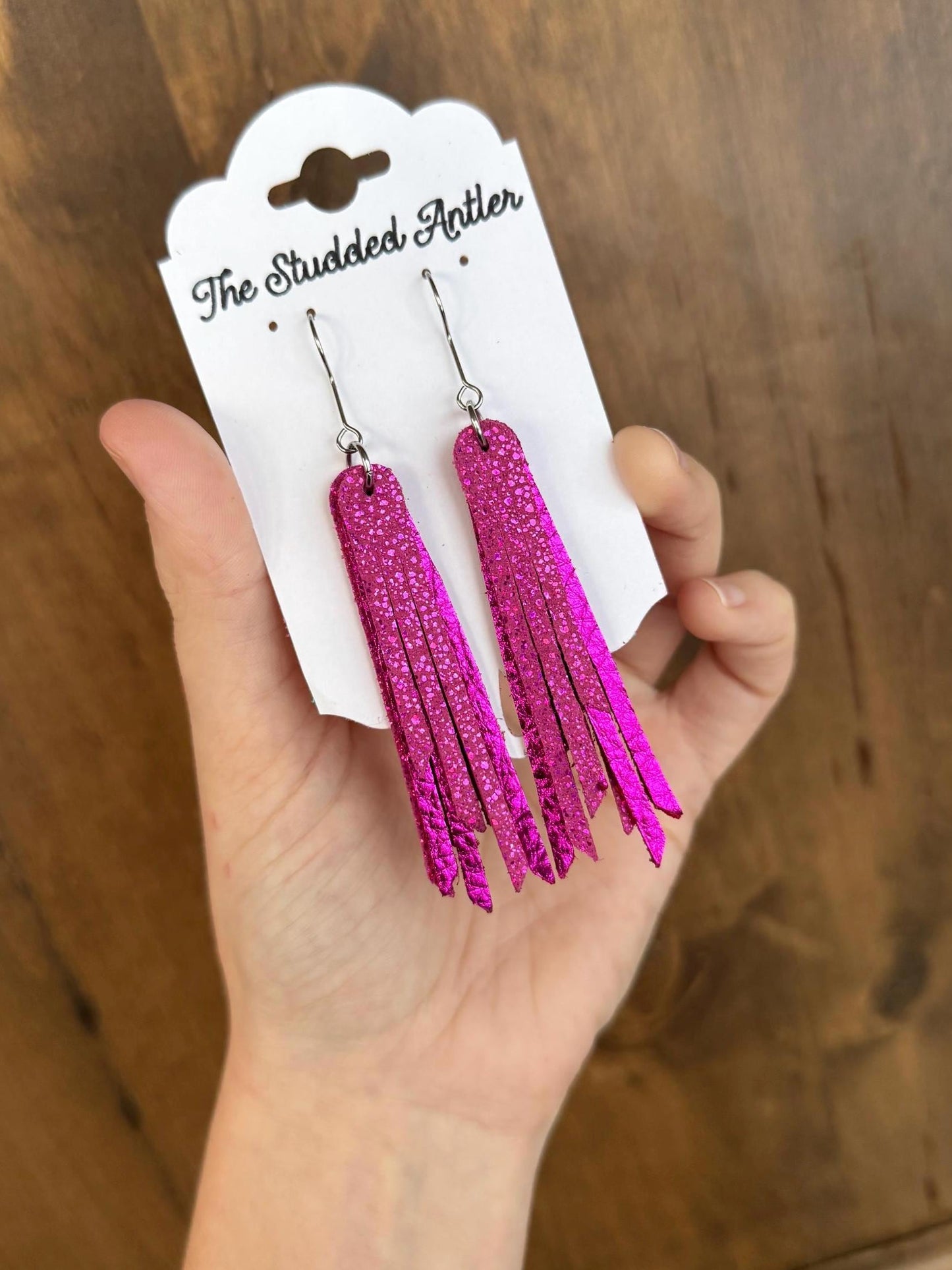 Fringe Genuine Leather Earrings - Pink Metallic