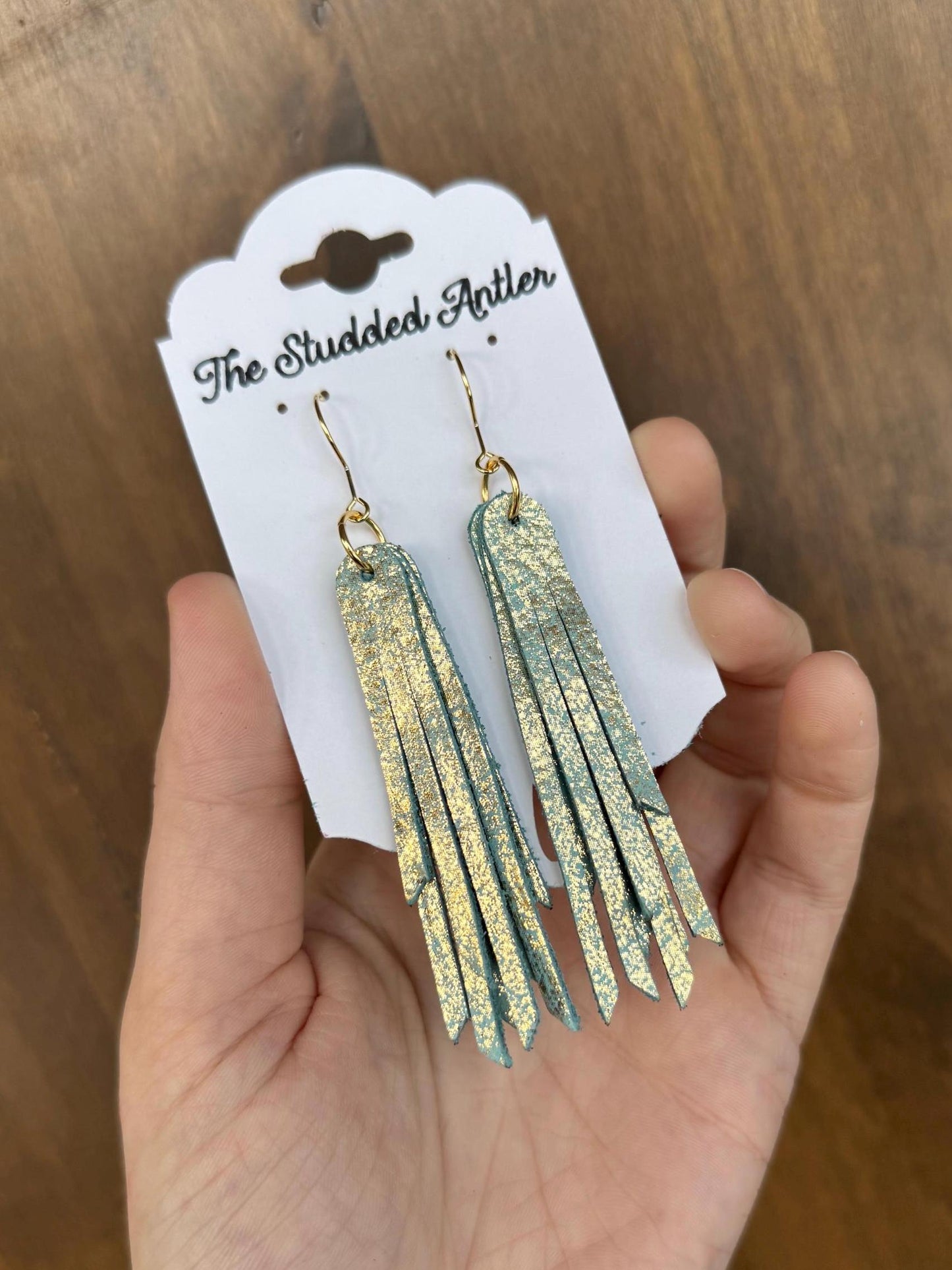 Fringe Genuine Leather Earrings - Aqua Blue and Gold Shimmer