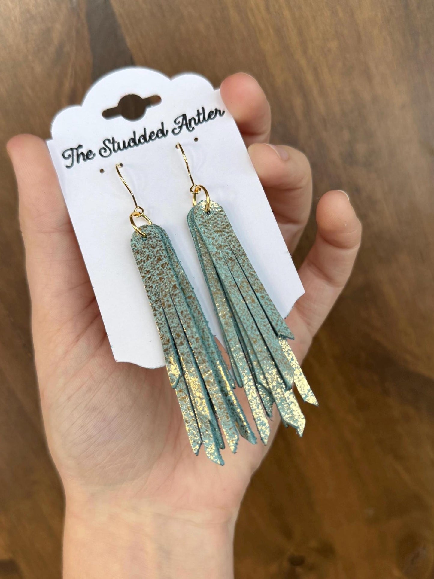 Fringe Genuine Leather Earrings - Aqua Blue and Gold Shimmer