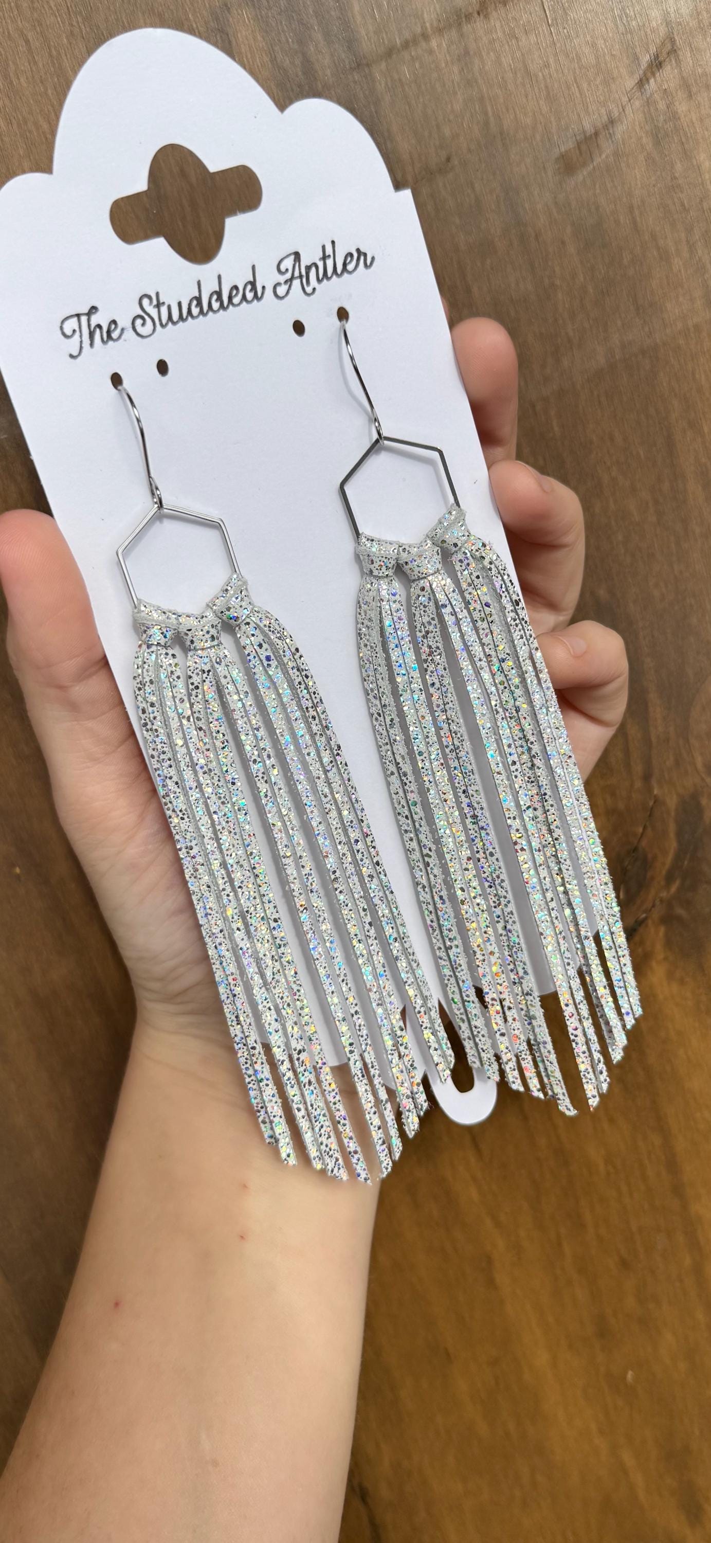 Fringe Hoop Genuine Leather Earrings - White Sparkle