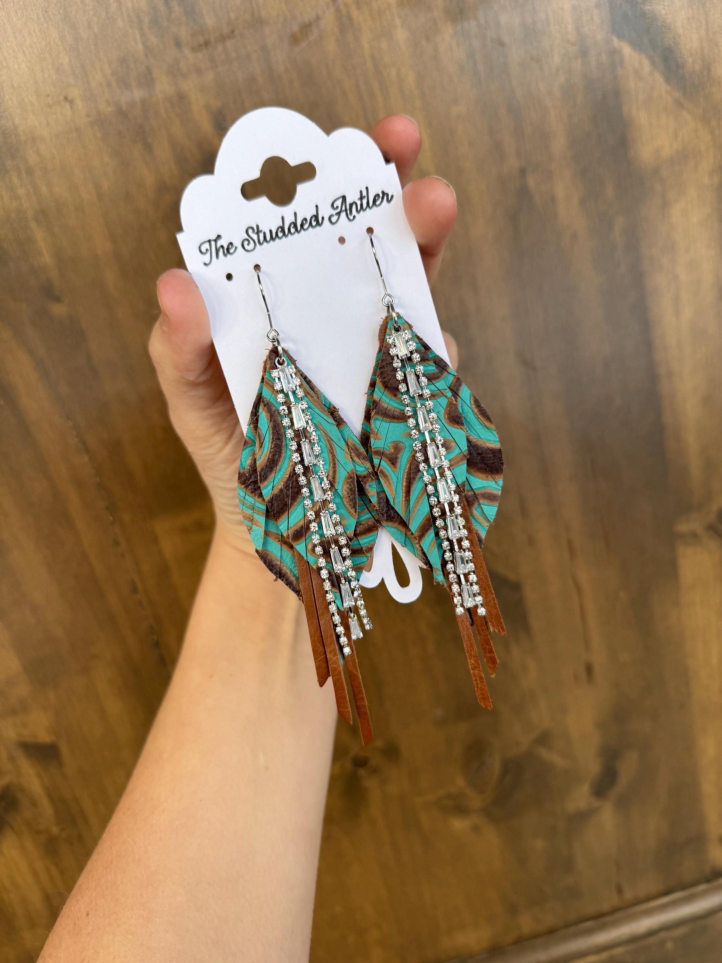 Western Style Leather Earrings - Fringe Feather Leather Earrings - Teal and Brown Tooled