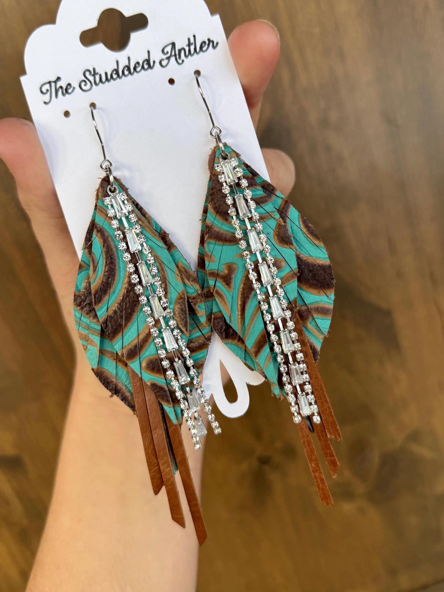 Western Style Leather Earrings - Fringe Feather Leather Earrings - Teal and Brown Tooled