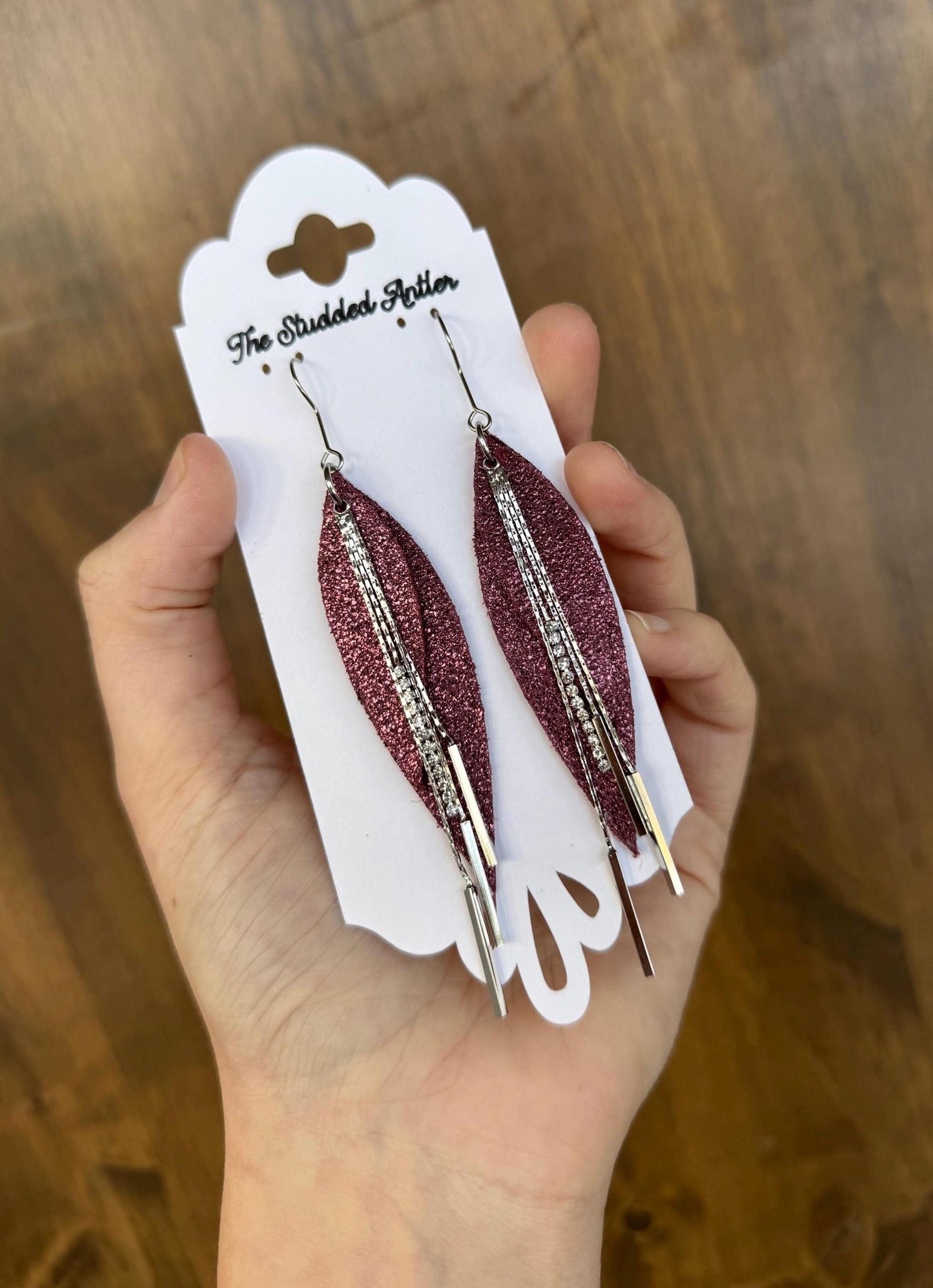 Fringe Feather Genuine Leather Earrings - Red Burgundy Sparkle