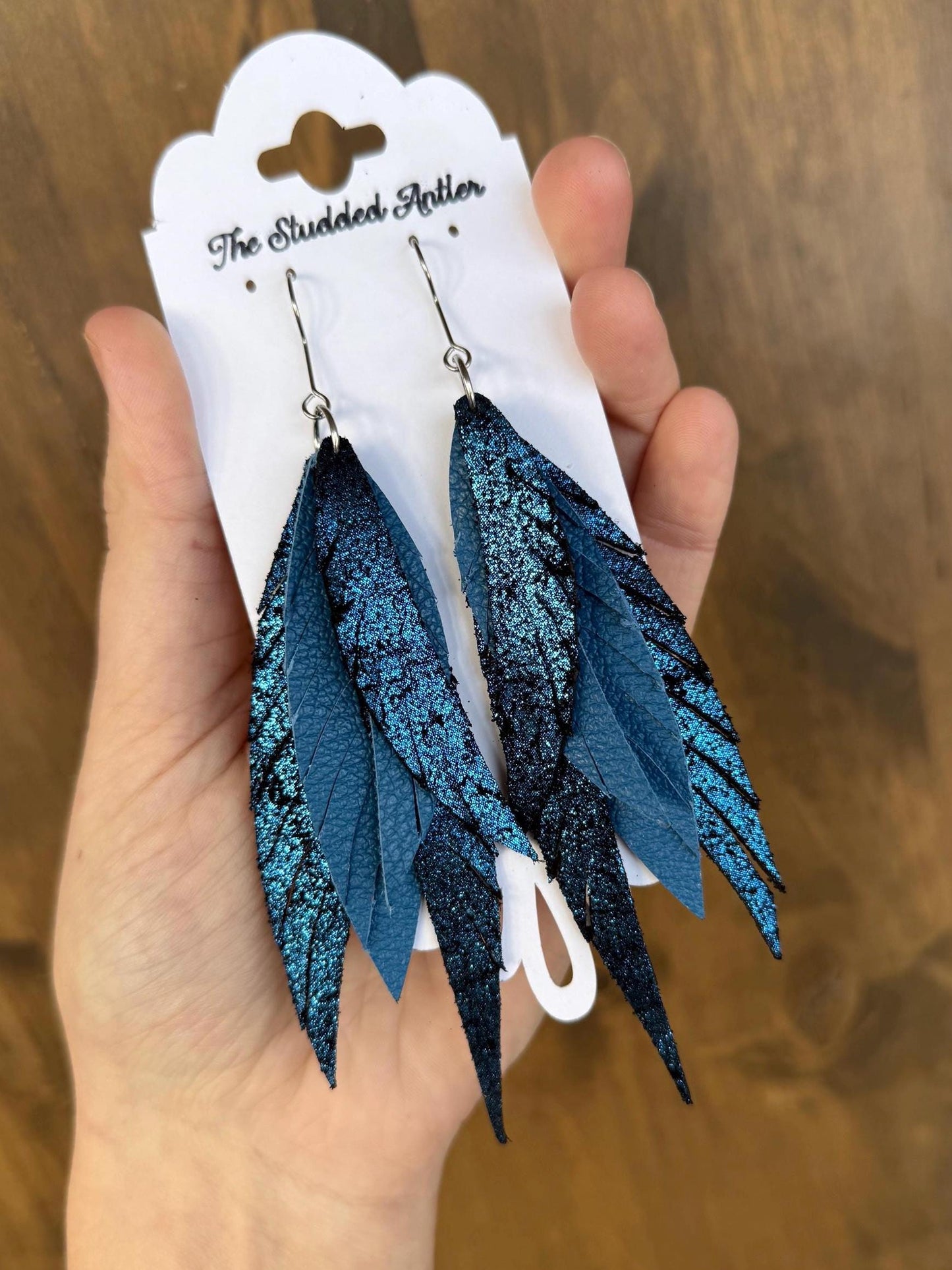 Boho style leather earrings - Fringe Feather Leather Earrings - Navy Blue