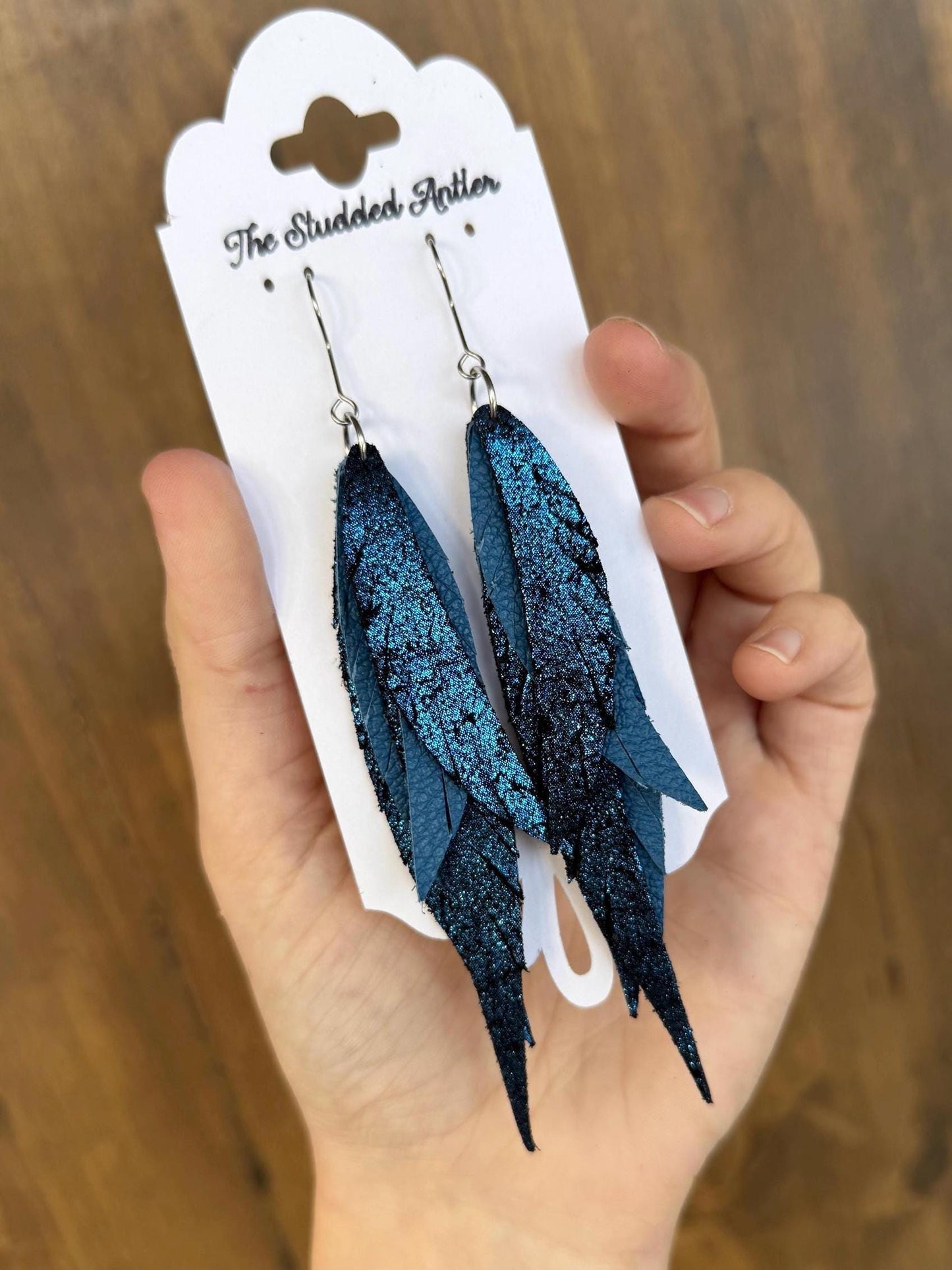 Boho style leather earrings - Fringe Feather Leather Earrings - Navy Blue