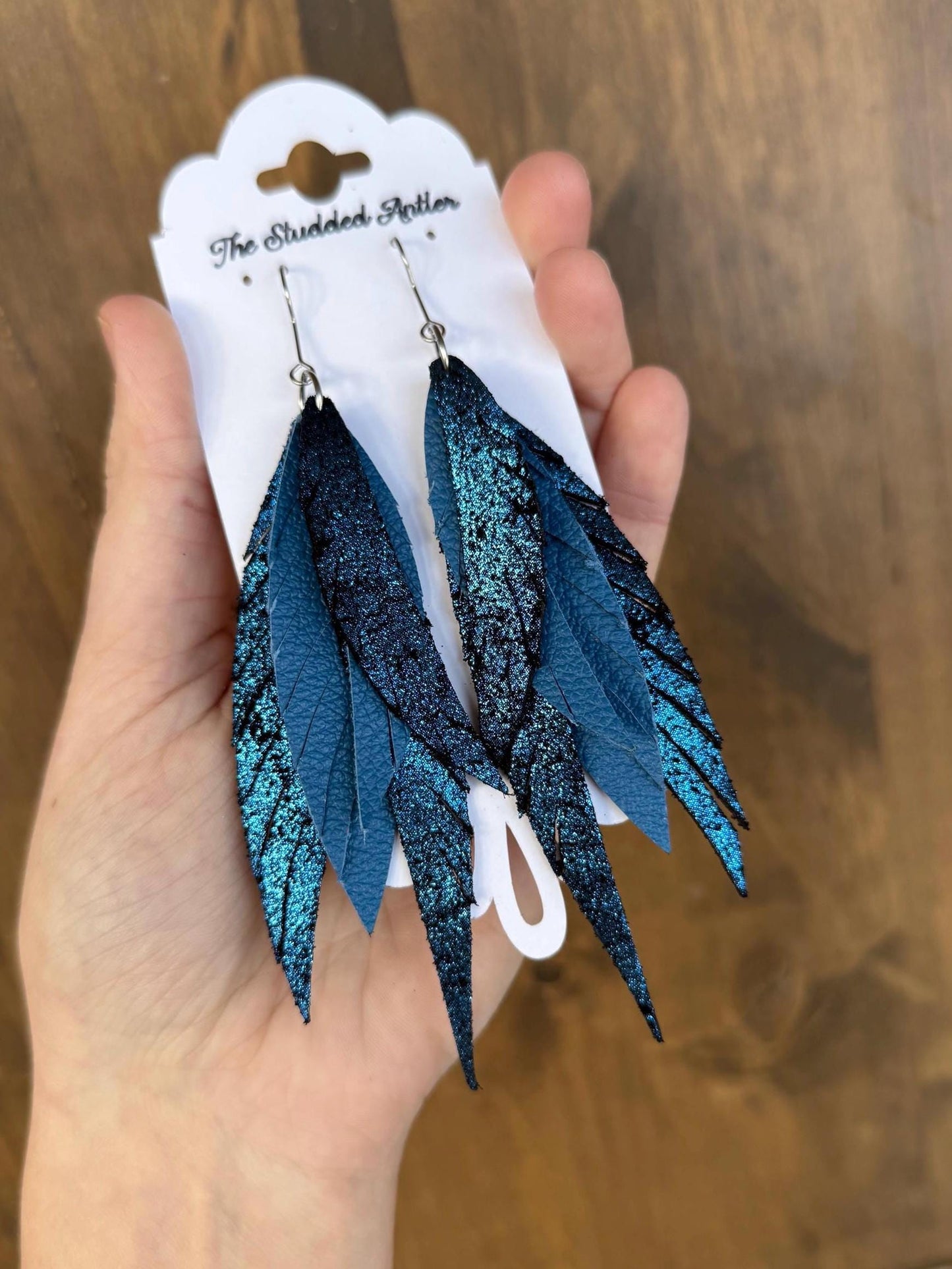 Boho style leather earrings - Fringe Feather Leather Earrings - Navy Blue