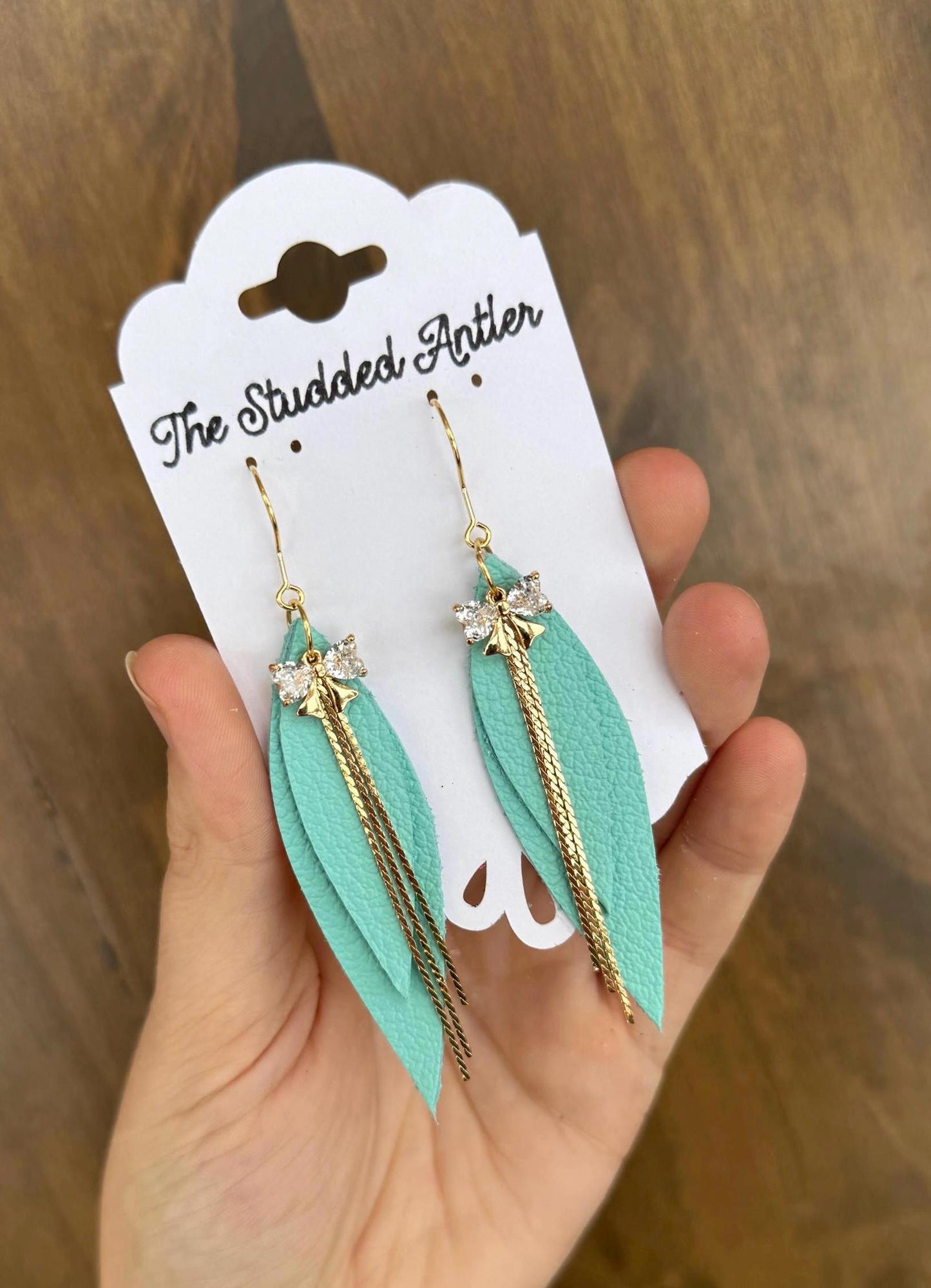 Teardrop Genuine Leather Earrings - Aqua Blue and Gold