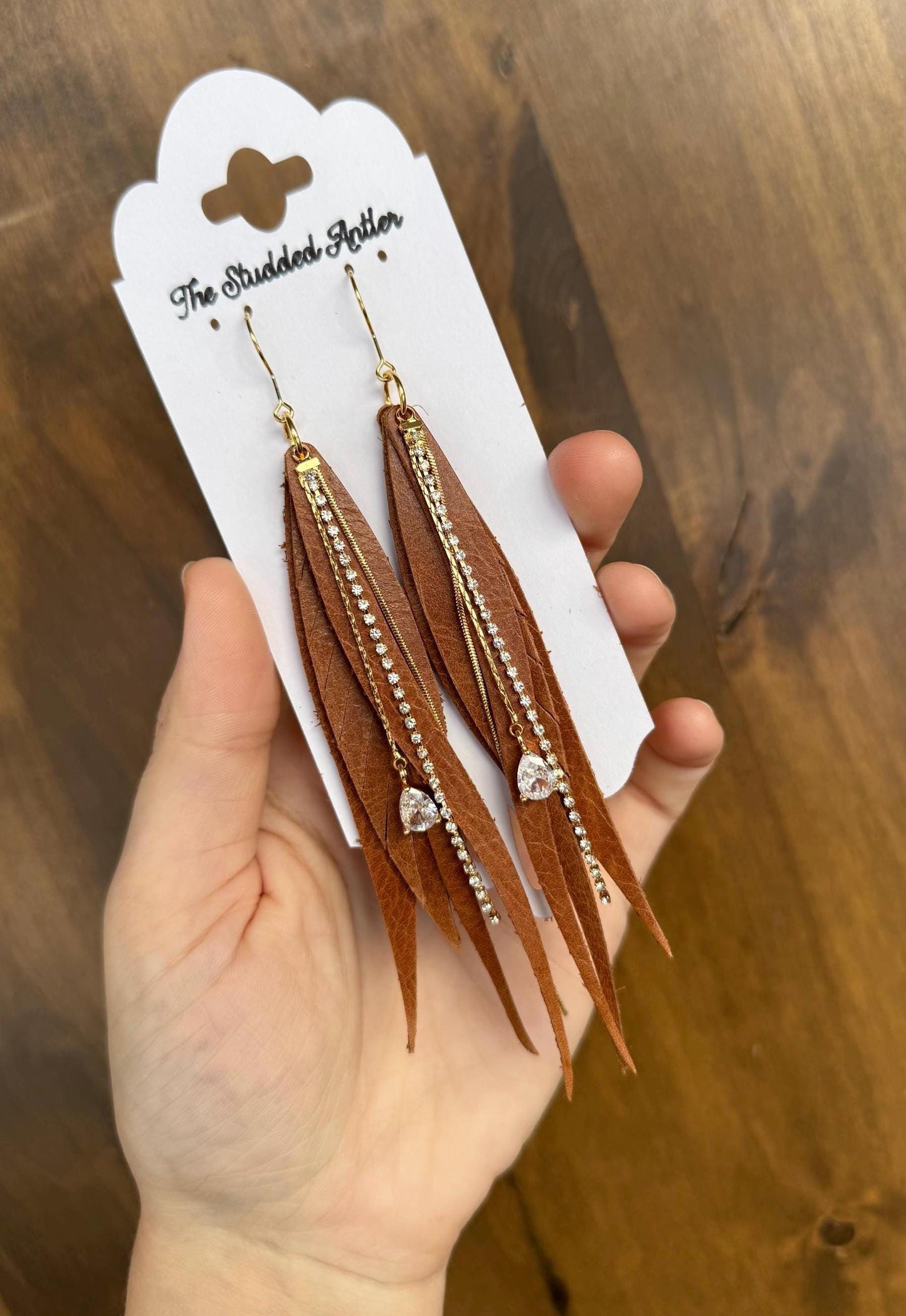Women’s Western Style Leather Earrings - Fringe Feather Leather Earrings - Light brown and gold