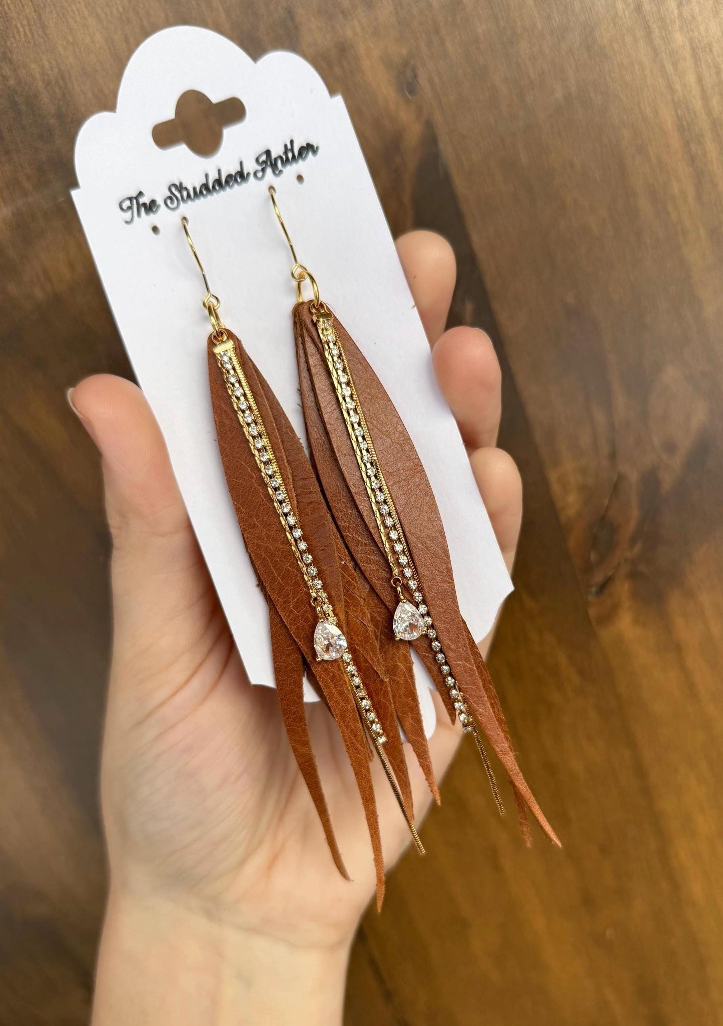 Women’s Western Style Leather Earrings - Fringe Feather Leather Earrings - Light brown and gold