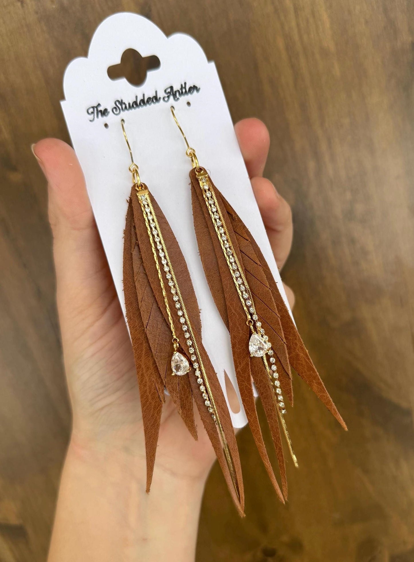 Women’s Western Style Leather Earrings - Fringe Feather Leather Earrings - Light brown and gold