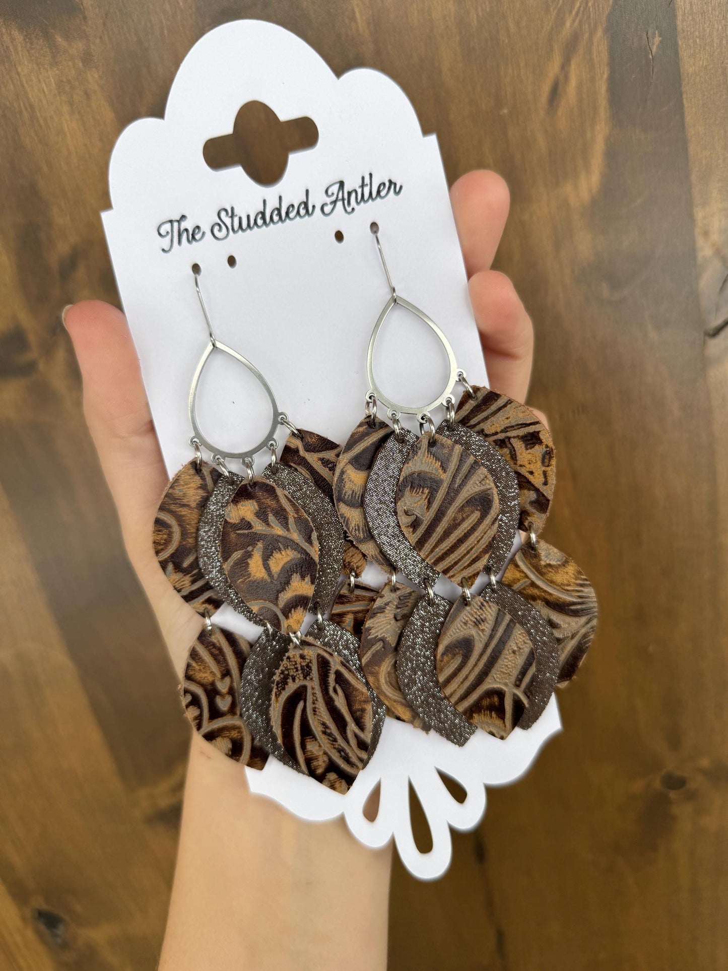 Big statement earrings - Teardrop Hoop Leather Earrings - Brown and Dark Brown Sparkle