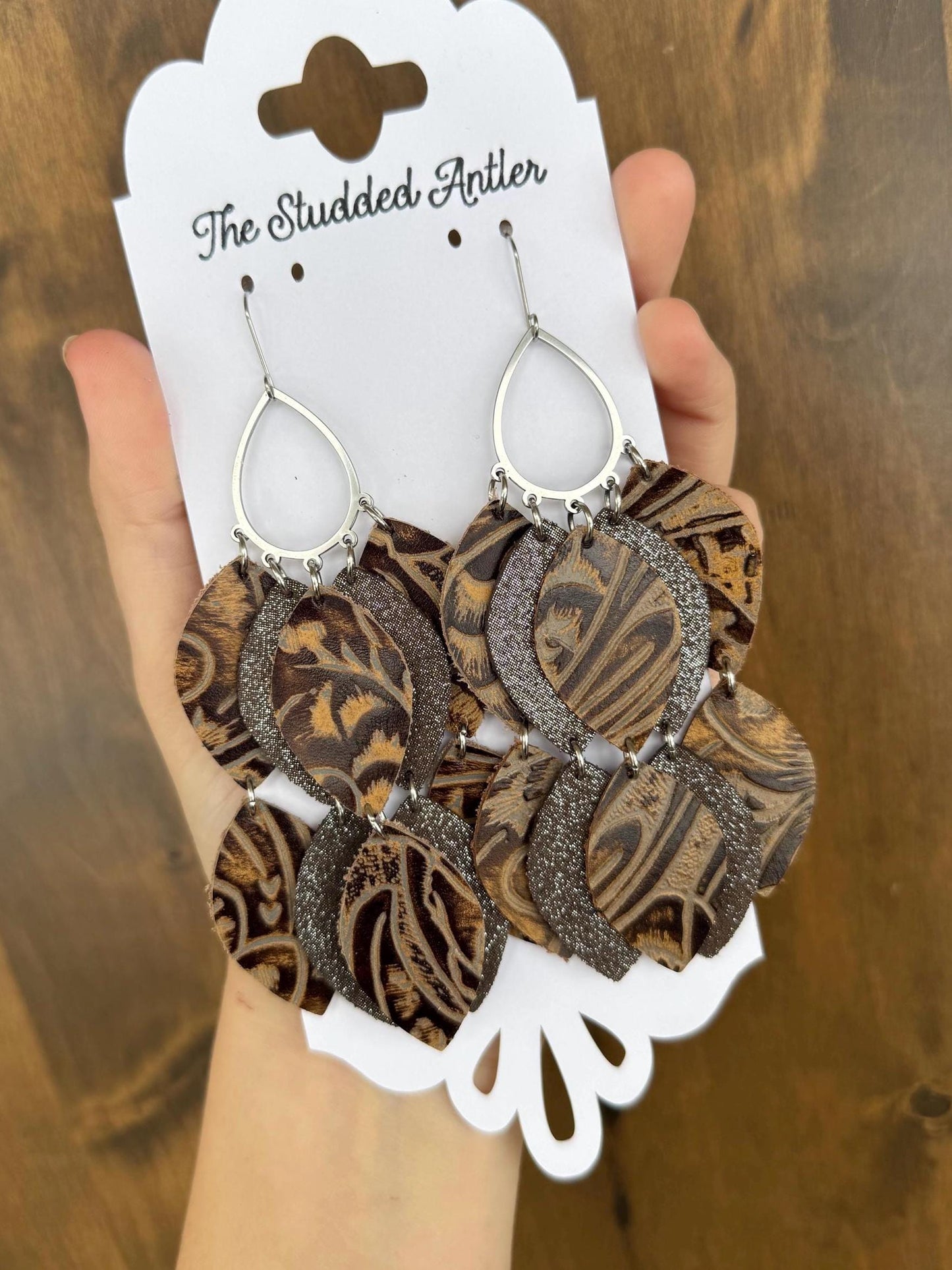 Big statement earrings - Teardrop Hoop Leather Earrings - Brown and Dark Brown Sparkle