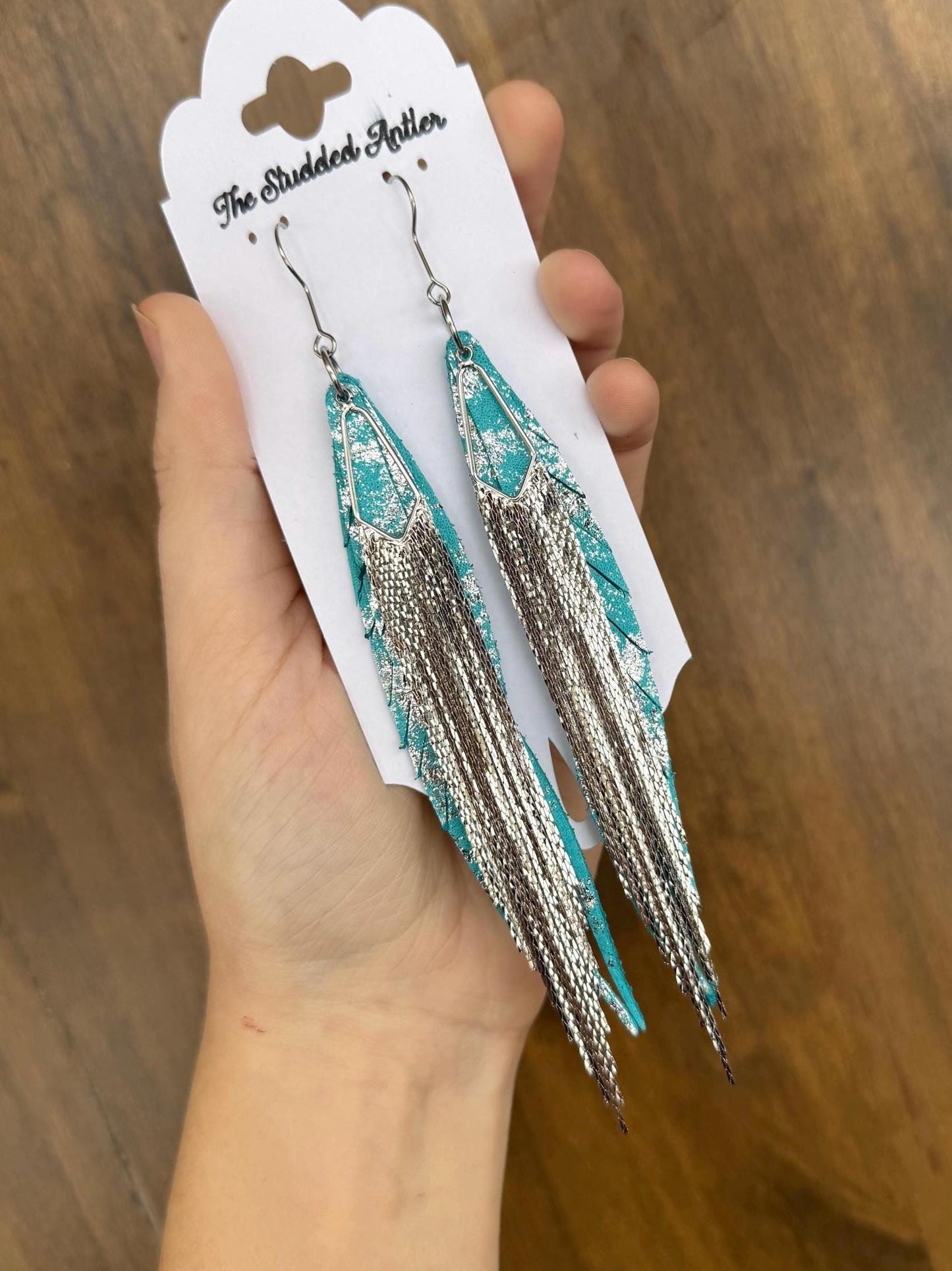 Fringe Feather Genuine Leather Earrings - Blue and Silver Metallic