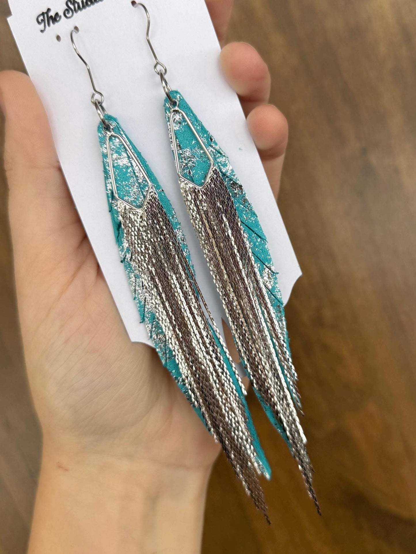 Fringe Feather Genuine Leather Earrings - Blue and Silver Metallic