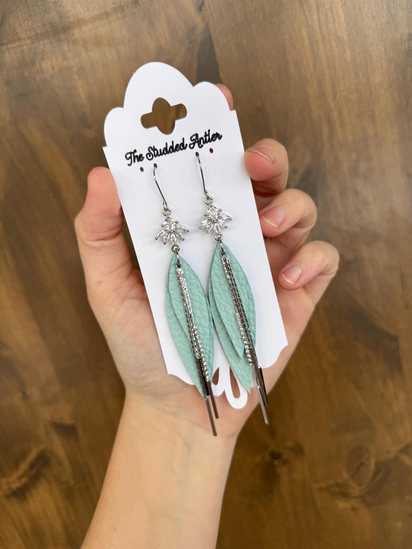 Western Style Leather Earrings - Teardrop Oval Leather Earrings - Silver and Mint blue