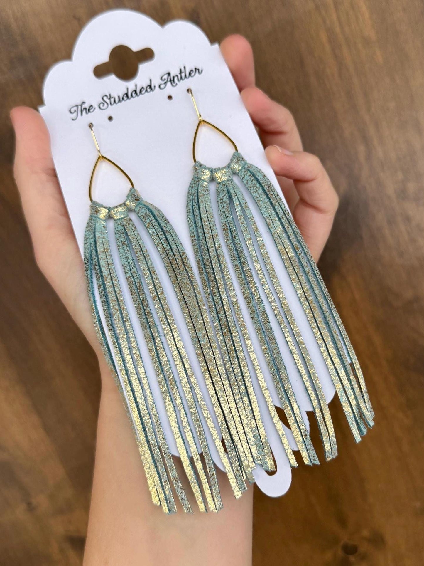 Fringe Hoop Genuine Leather Earrings - Light Blue and Gold Shimmer