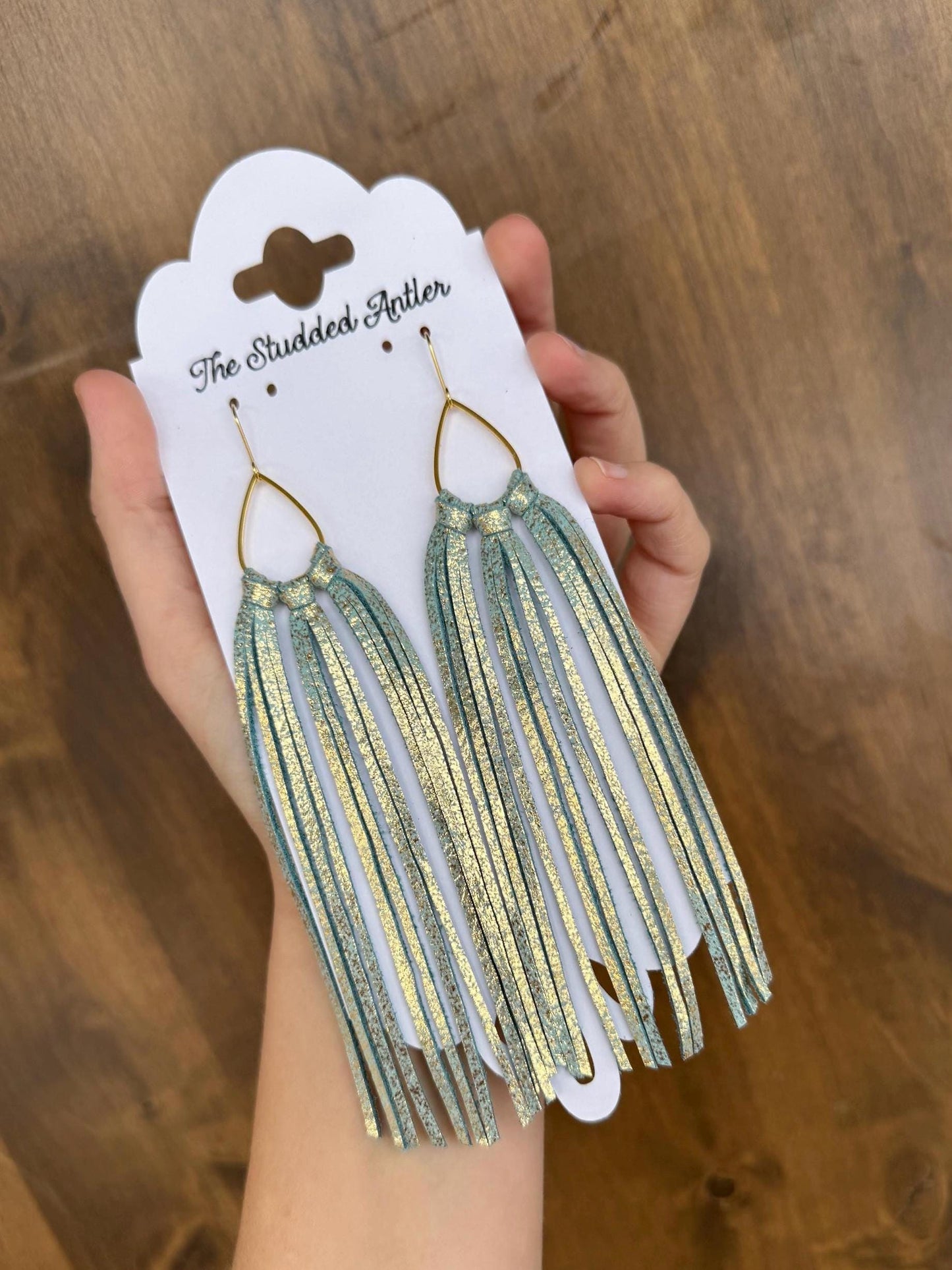 Fringe Hoop Genuine Leather Earrings - Light Blue and Gold Shimmer