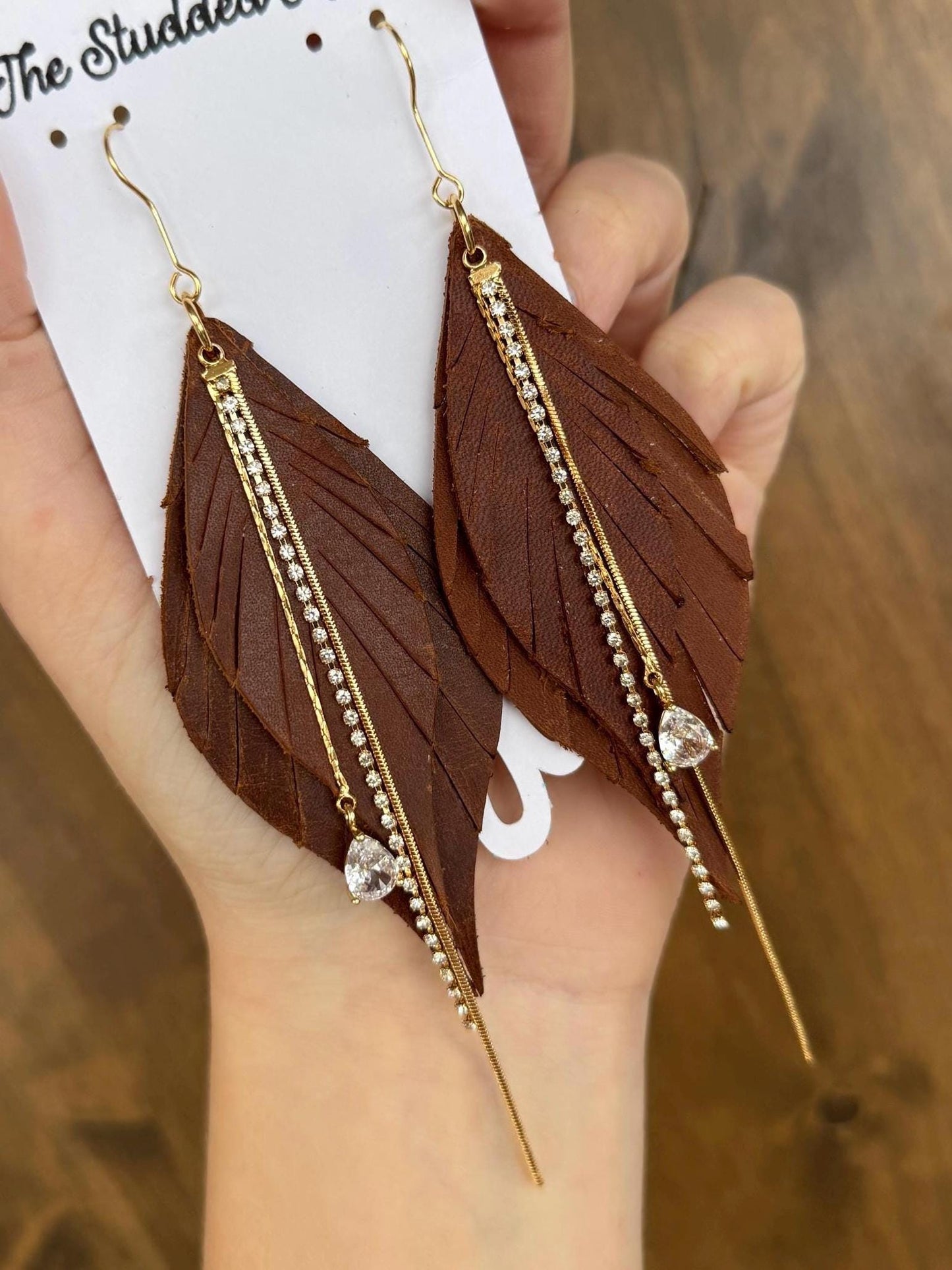 Western Style Leather Earrings - Fringe Feather Leather Earrings - Gold and Brown
