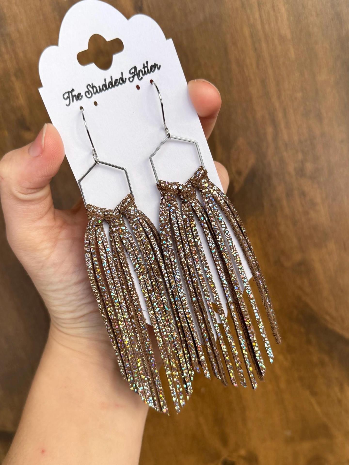 Fringe Hoop Genuine Leather Earrings - Brown sparkle