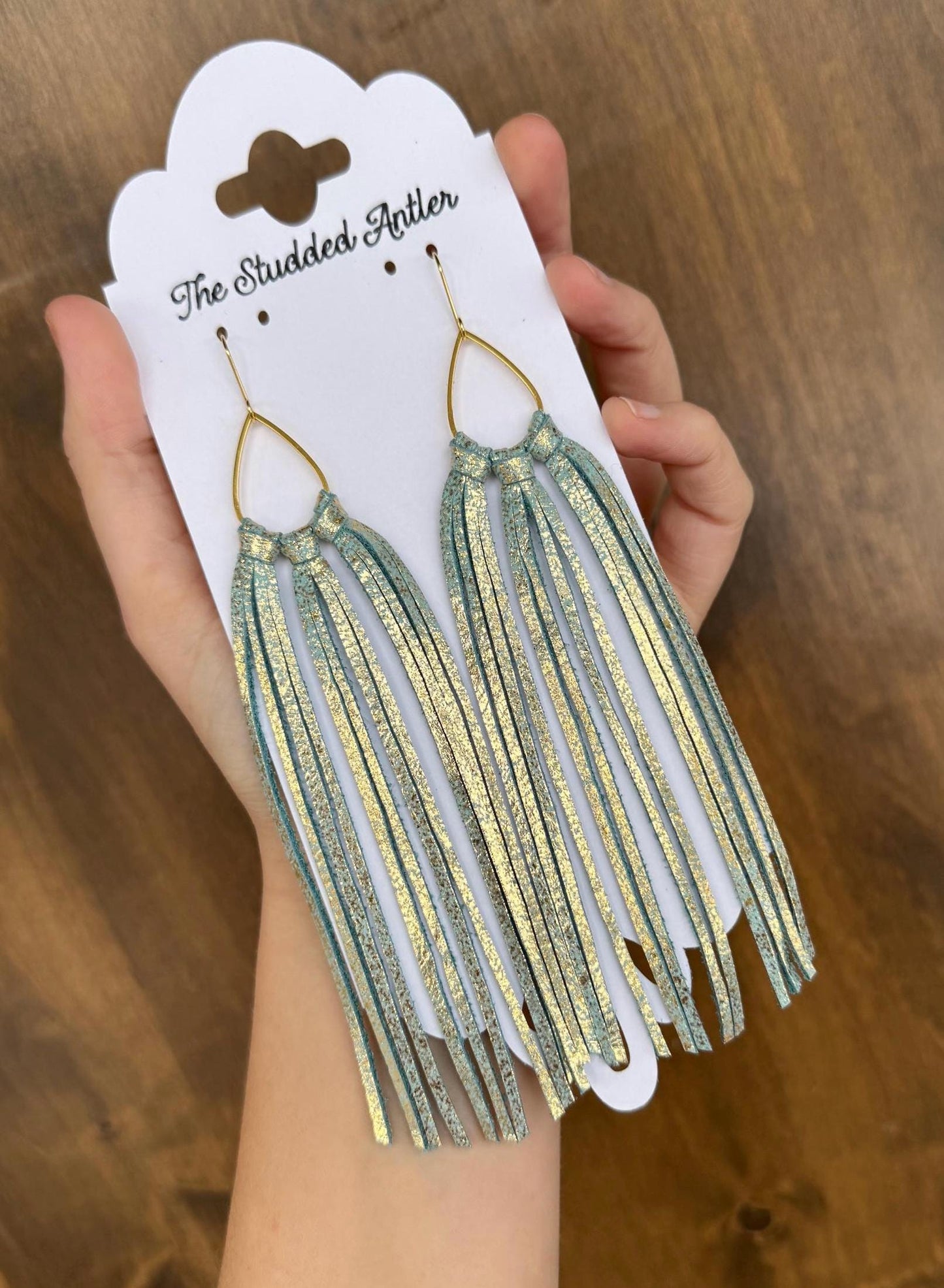 Fringe Hoop Genuine Leather Earrings - Light Blue and Gold Shimmer