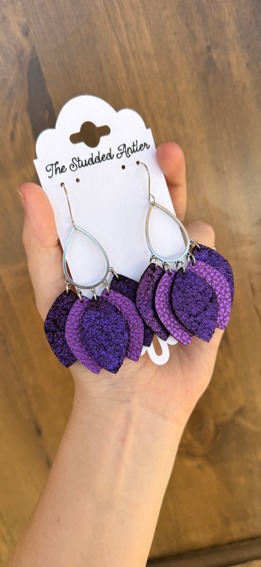 Teardrop Hoop Genuine Leather Earrings - Purple Metallic Sparkle