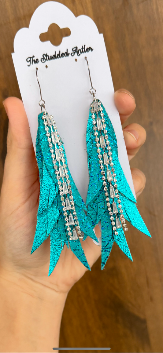 Fringe Feather Genuine Leather Earrings - Teal Metallic