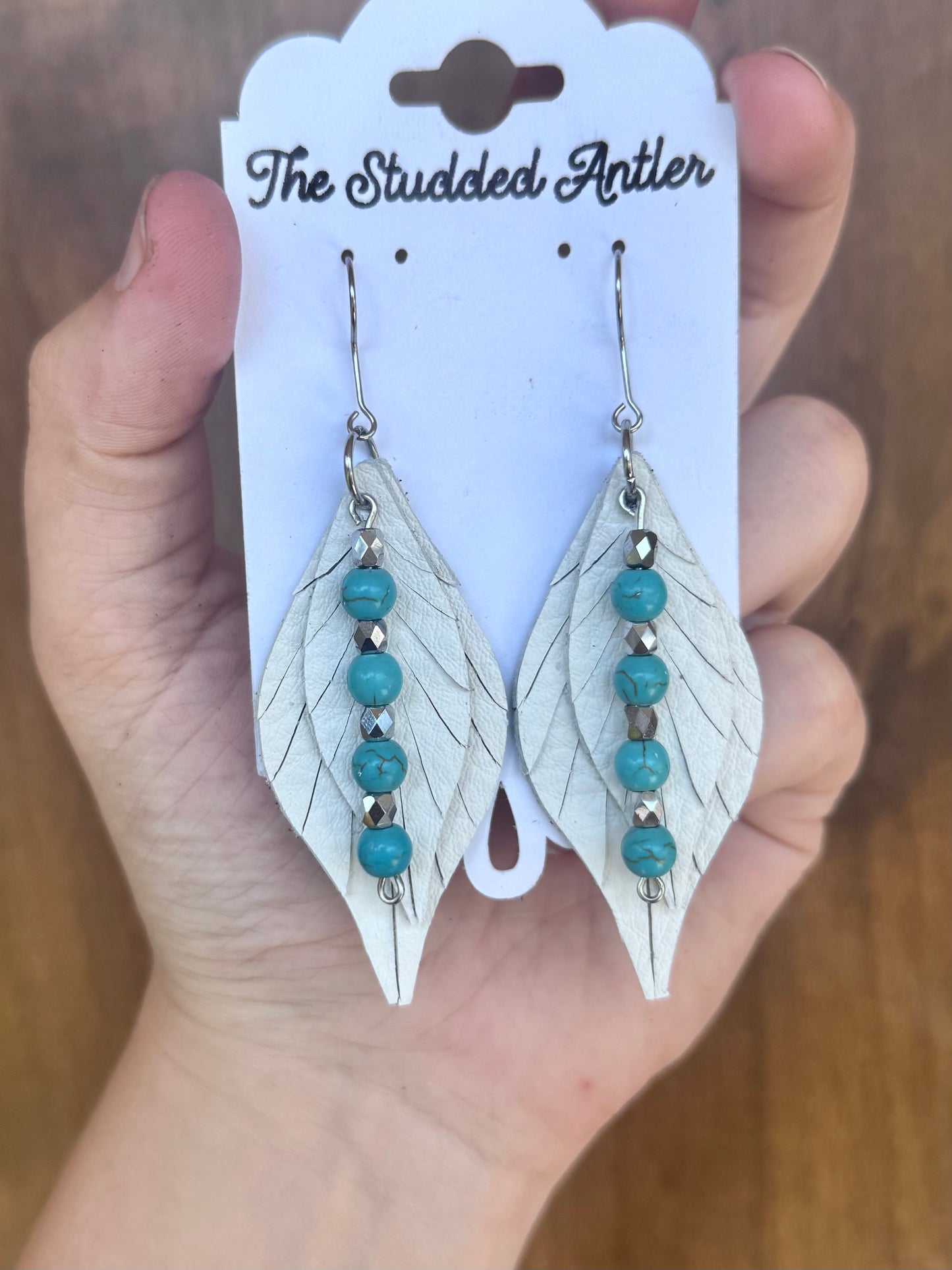 Handmade Hypoallergenic White Leather Earrings with Hand Beaded Faux Turquoise Tassels