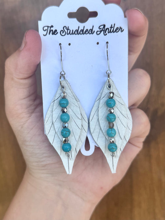 Handmade Hypoallergenic White Leather Earrings with Hand Beaded Faux Turquoise Tassels