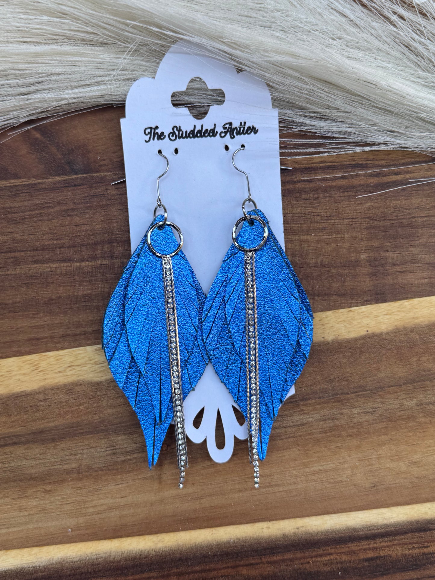 Royal blue metallic leather earrings - Handmade Hypoallergenic Leather Earrings with rhinestone tassel