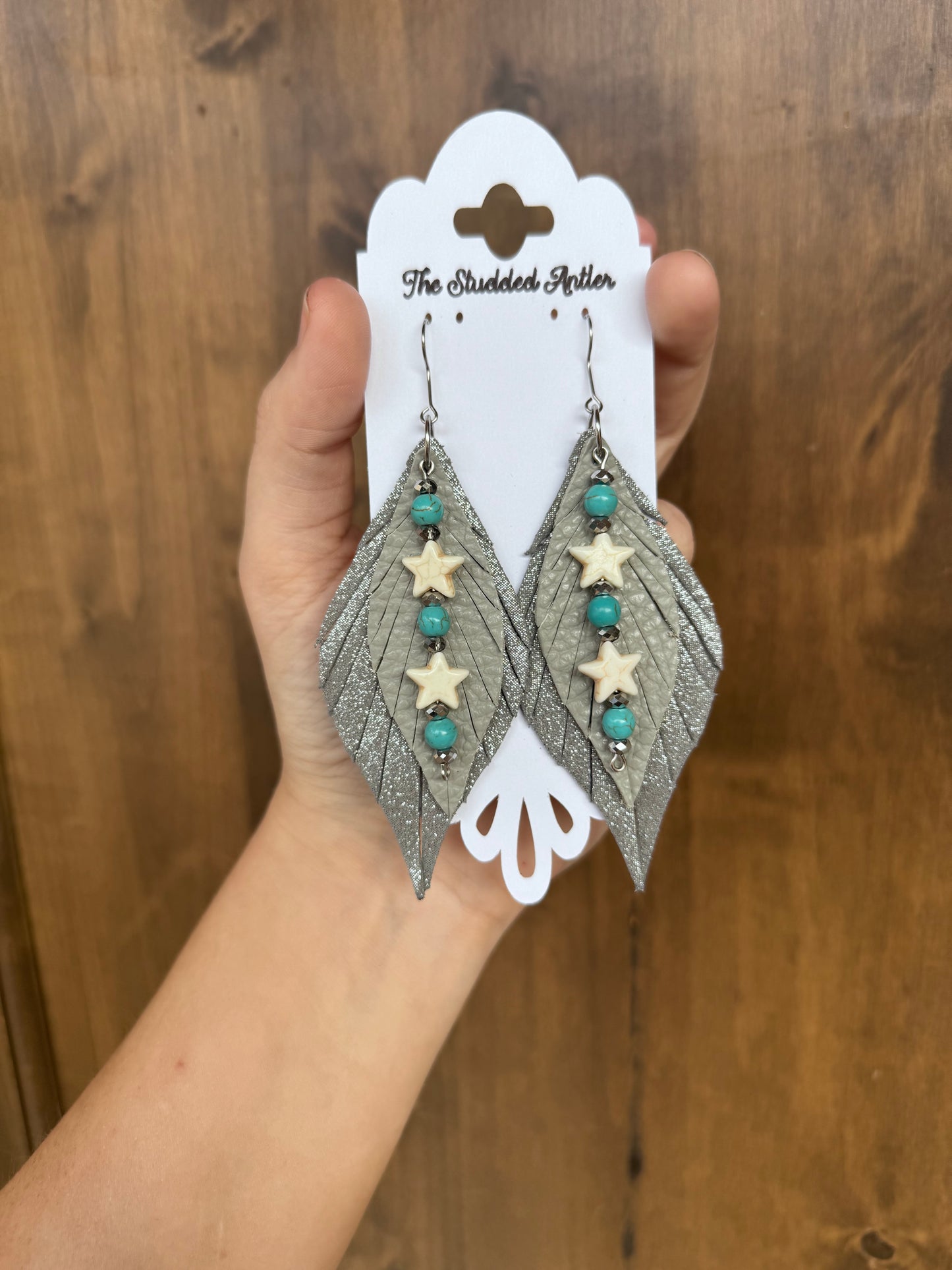 Grey Sparkle Handmade Hypoallergenic Leather Earrings with Hand Beaded Faux Turquoise Tassel