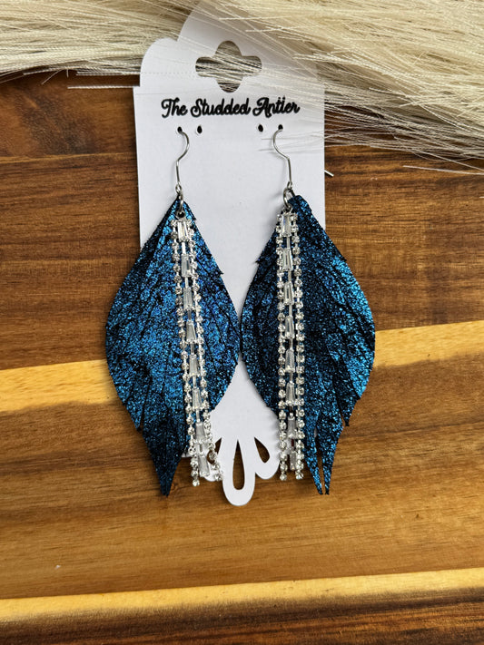 Navy blue shimmer/sparkle leather earrings - Handmade Hypoallergenic Leather Earrings with silver rhinestone tassel