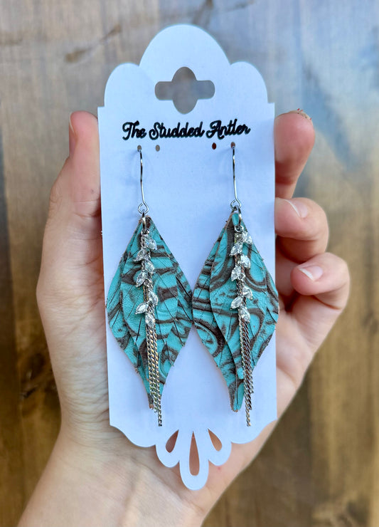 Blue and Brown Tooled leather with silver rhinestone and chain - Handmade Hypoallergenic Leather Earrings