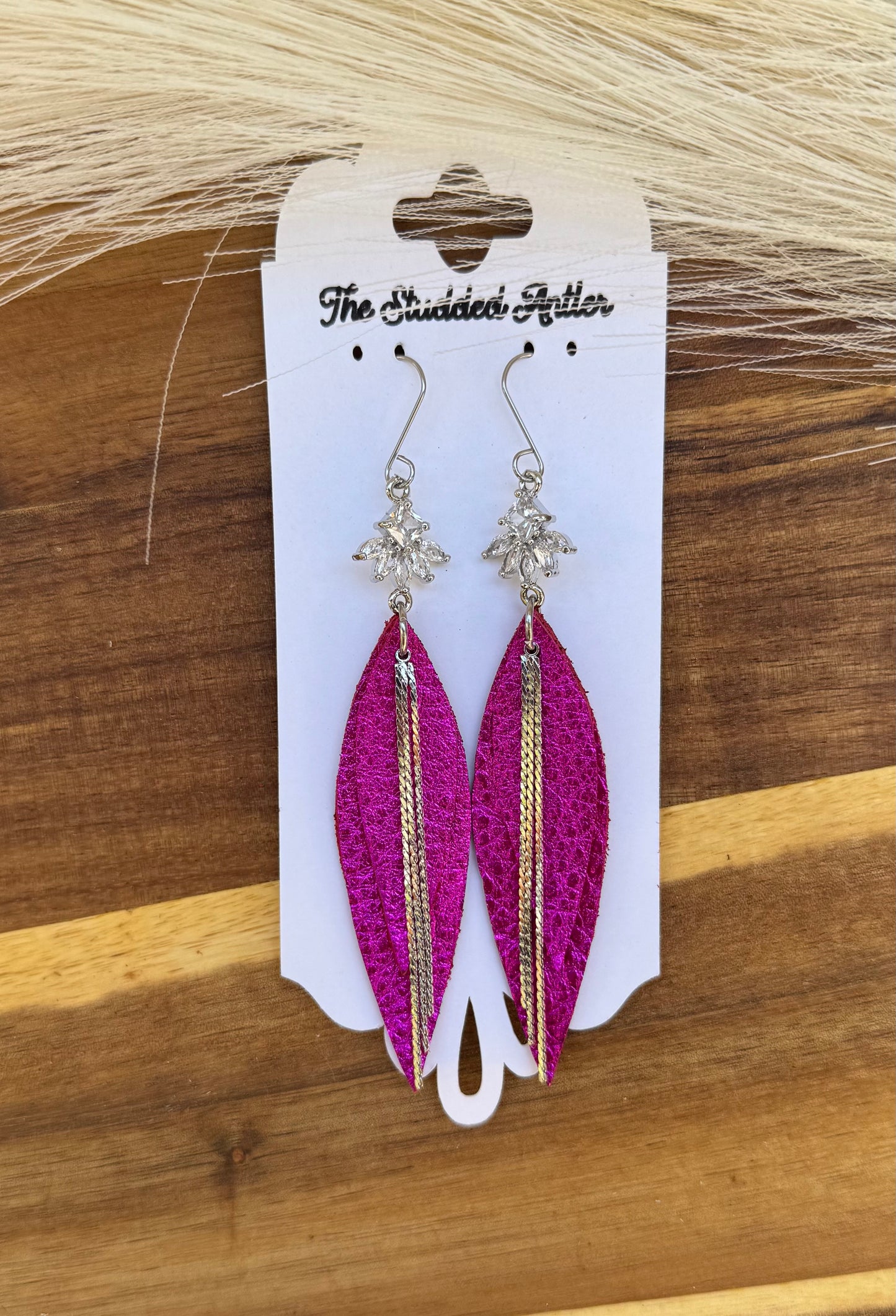 Hot Pink Metallic with rhinestone silver bars Handmade Hypoallergenic Leather Earrings