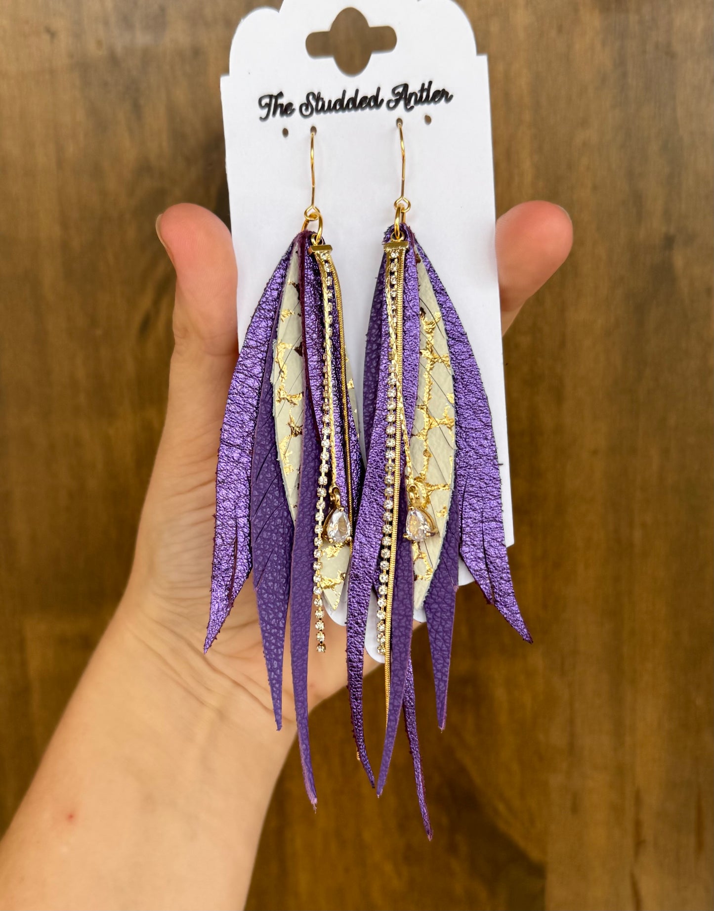Purple and Gold Handmade Hypoallergenic Leather Earrings with Gold Rhinestone Tassels