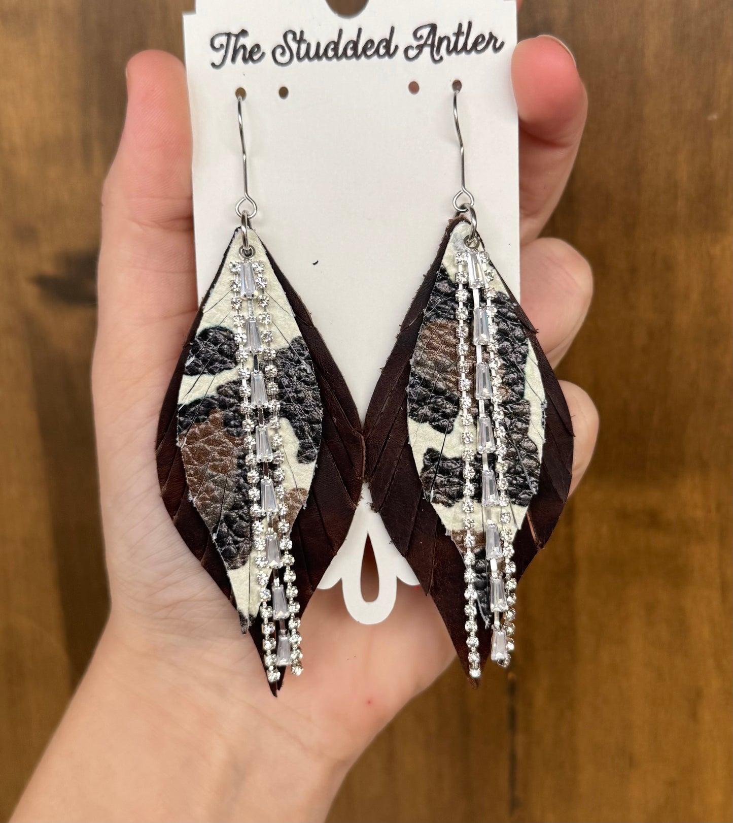 Cow Print Handmade Hypoallergenic Leather Earrings with Rhinestone Dangles
